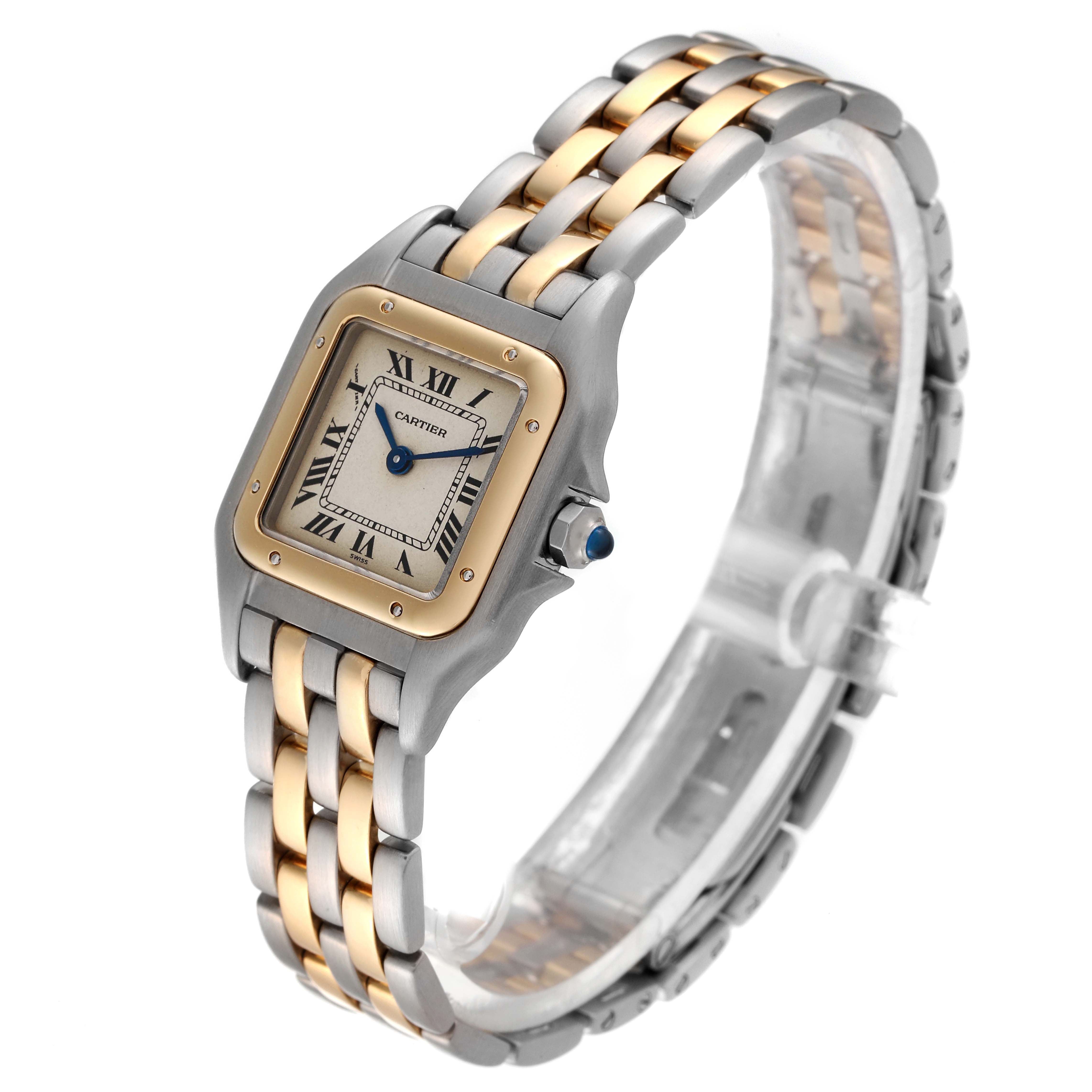 The image shows a Cartier Panthere W25029B6 Women
s Steel and Gold (two tone) Silver Dial W25029B6 Women
s Steel and Gold (two tone) Silver Dial watch at a three-quarter angle, highlighting the face and two-tone bracelet.