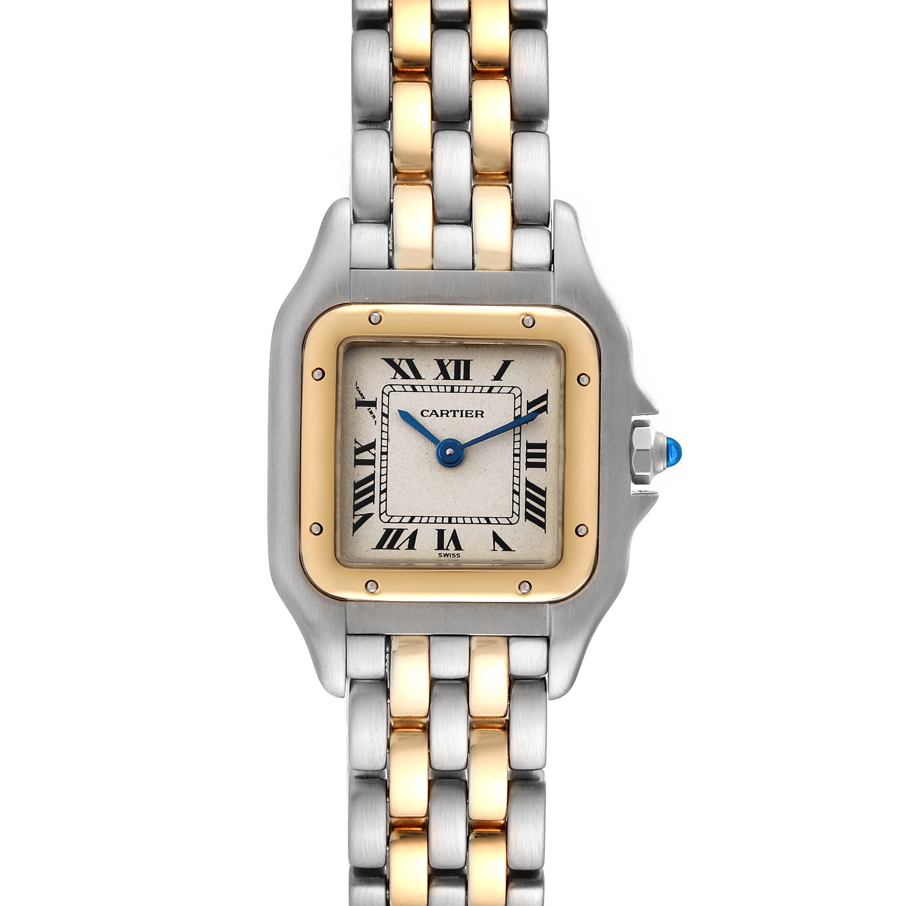 This image shows a front view of the Cartier Panthere W25029B6 Women
s Steel and Gold (two tone) Silver Dial W25029B6 Women
s Steel and Gold (two tone) Silver Dial watch, highlighting its two-tone metal band and square face with Roman numerals.