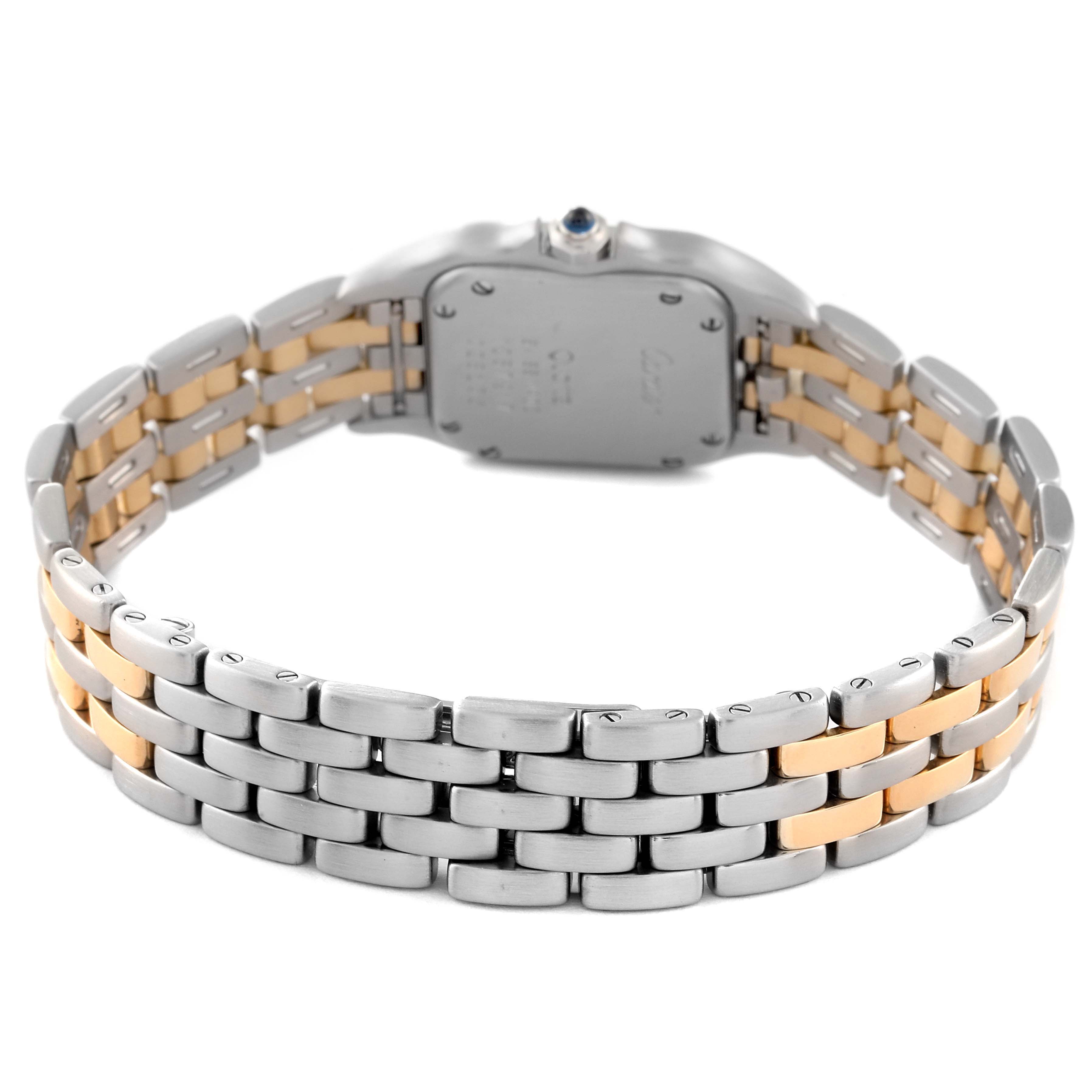 The image shows the back of the Cartier Panthere W25029B6 Women
s Steel and Gold (two tone) Silver Dial W25029B6 Women
s Steel and Gold (two tone) Silver Dial watch, highlighting its two-tone metal bracelet and case back.