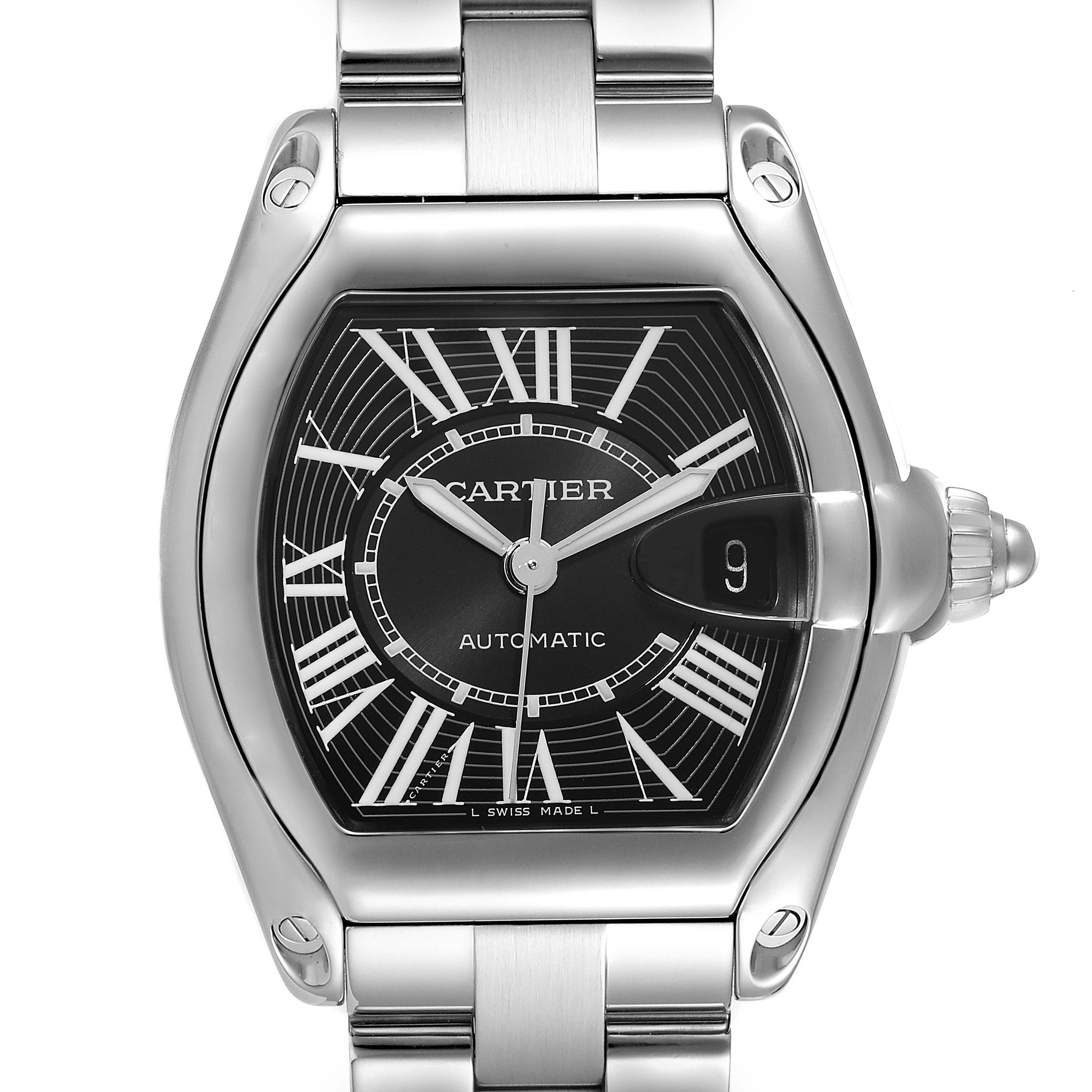 The image shows a frontal view of a Cartier Roadster W62041V3 Men's Stainless Steel Black Dial W62041V3 Men's Stainless Steel Black Dial watch, displaying its dial, hands, bezel, and part of the bracelet.