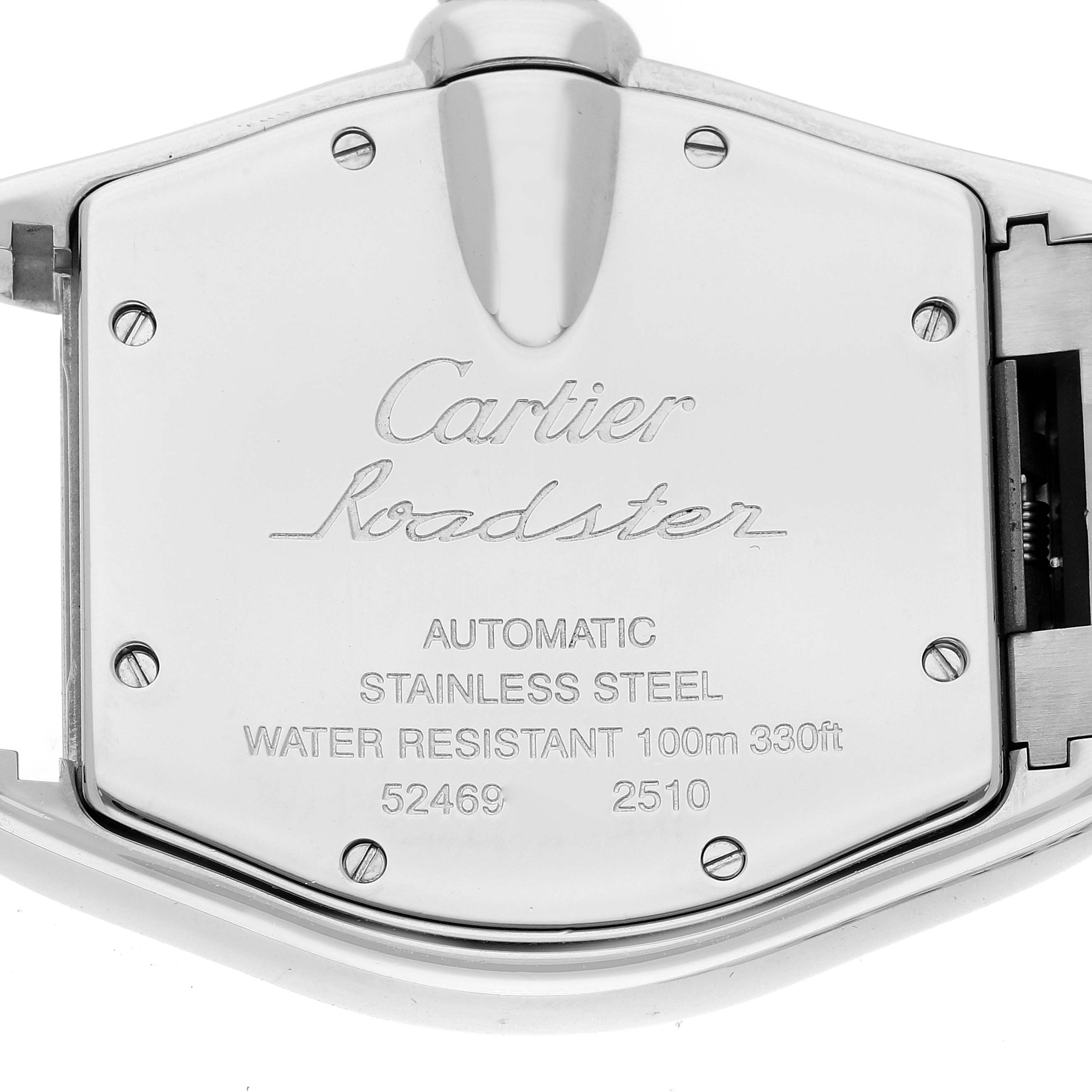 This image shows the back case of a Cartier Roadster W62041V3 Men's Stainless Steel Black Dial W62041V3 Men's Stainless Steel Black Dial watch, displaying model information and specifications.