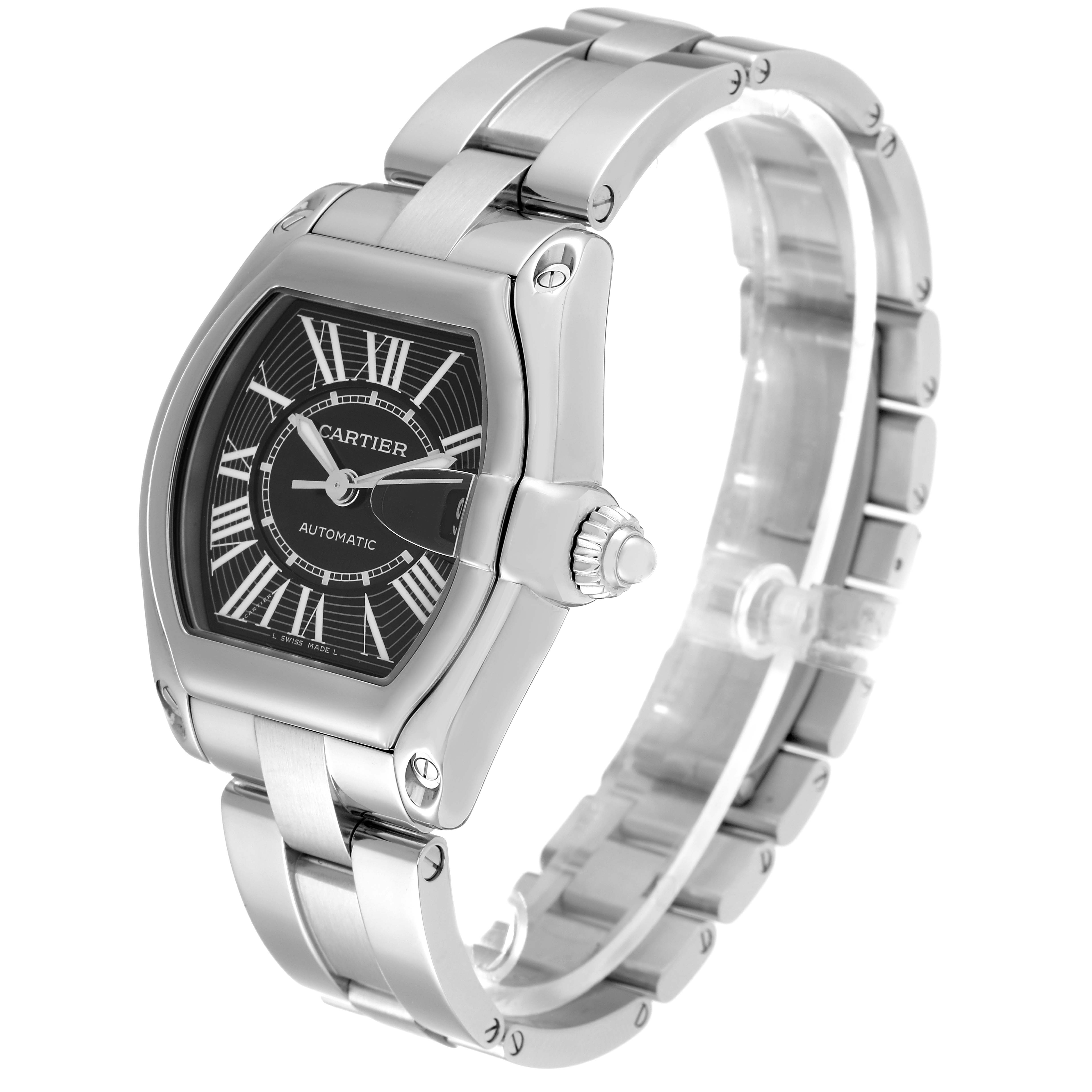 This image shows a Cartier Roadster W62041V3 Men's Stainless Steel Black Dial W62041V3 Men's Stainless Steel Black Dial watch at a three-quarter angle, highlighting its face, bezel, and bracelet.