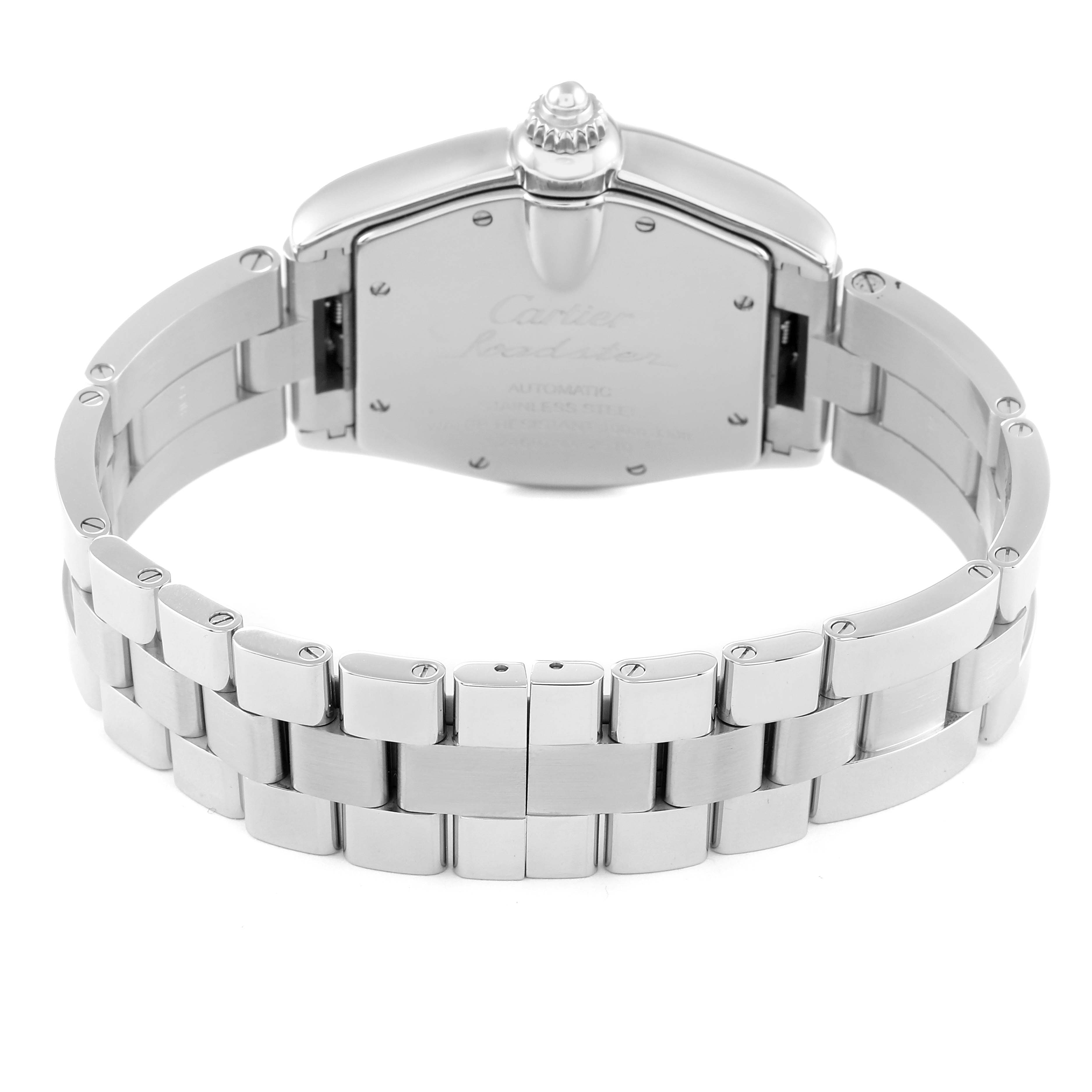 The image shows the back view of a Roadster model watch by Cartier, highlighting the case back and stainless steel bracelet.