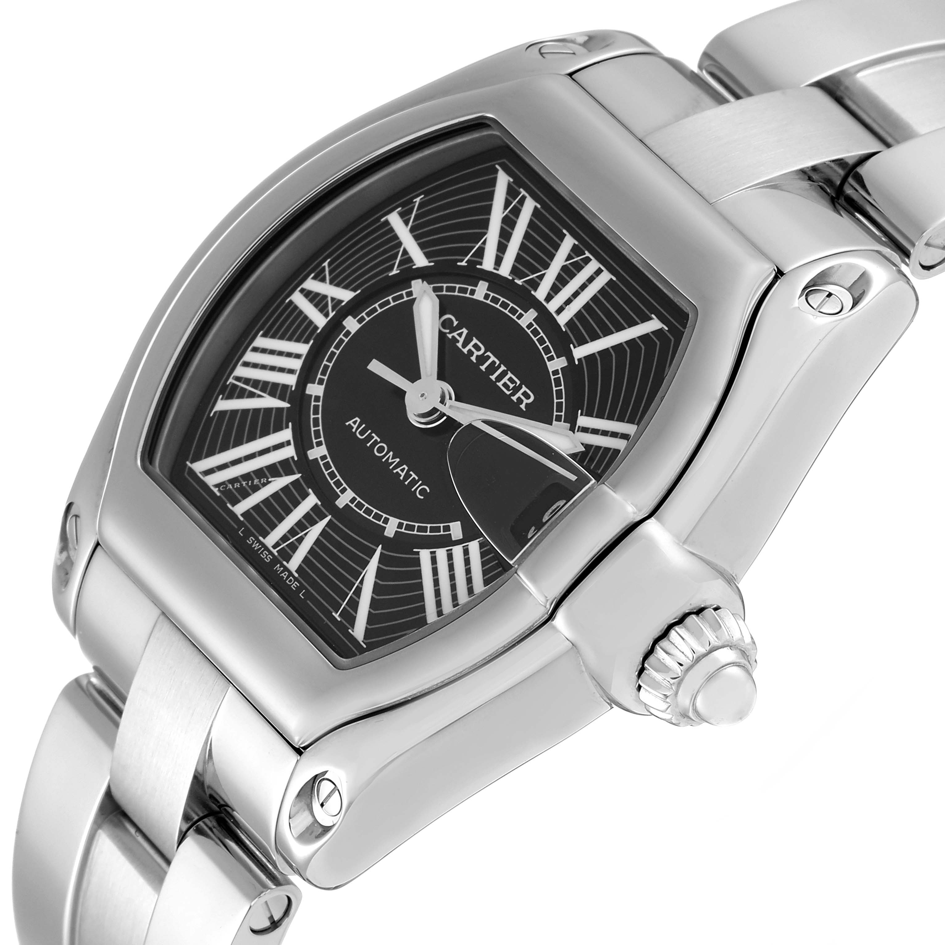 The Cartier Roadster W62041V3 Men's Stainless Steel Black Dial W62041V3 Men's Stainless Steel Black Dial watch is shown at a slight angle, highlighting its face, crown, and part of the bracelet.