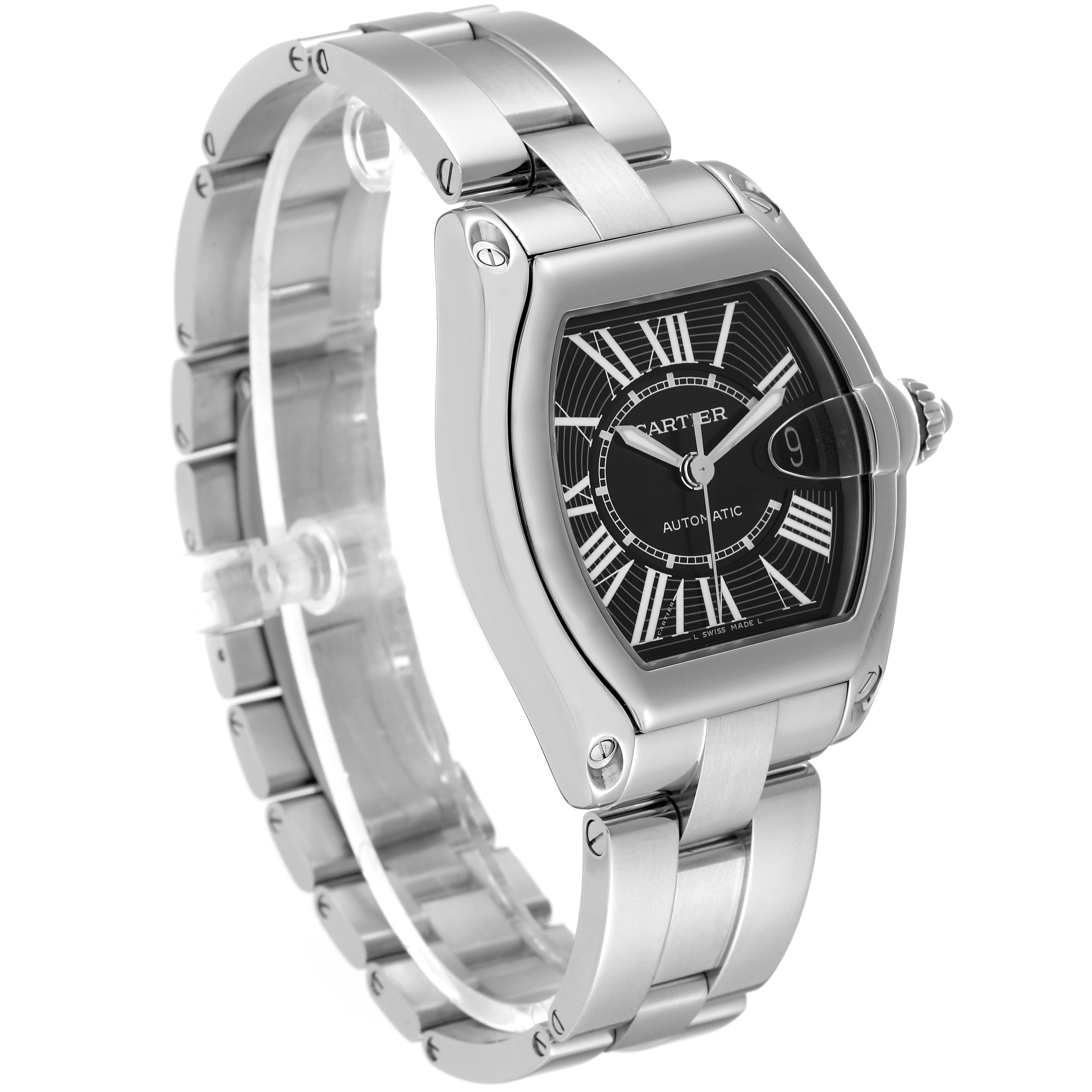 This image shows a side and front angle of the Cartier Roadster W62041V3 Men's Stainless Steel Black Dial W62041V3 Men's Stainless Steel Black Dial watch, highlighting its bracelet and dial.