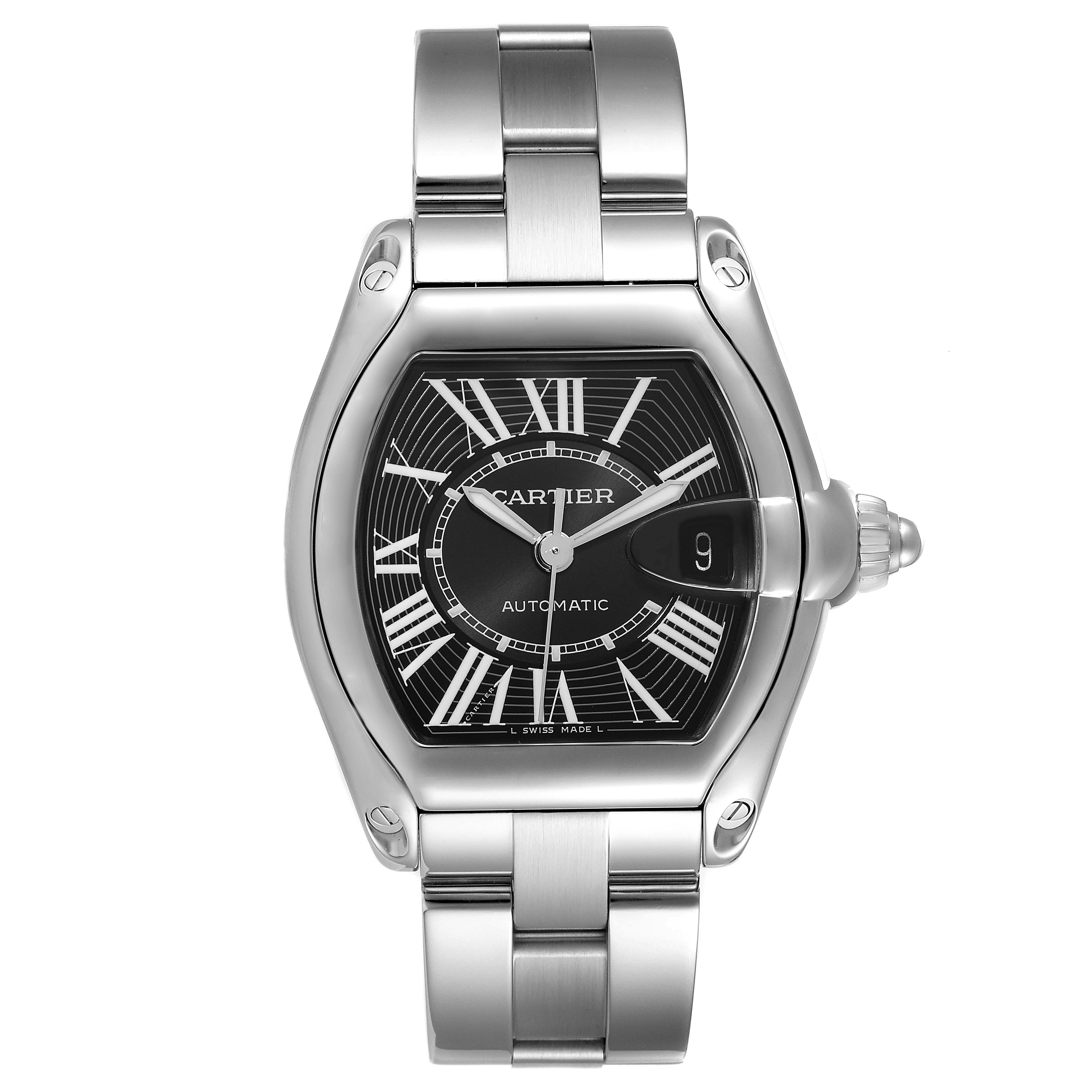 The Cartier Roadster W62041V3 Men's Stainless Steel Black Dial W62041V3 Men's Stainless Steel Black Dial watch is shown from a top-down angle, highlighting its face, bezel, bracelet, and crown.