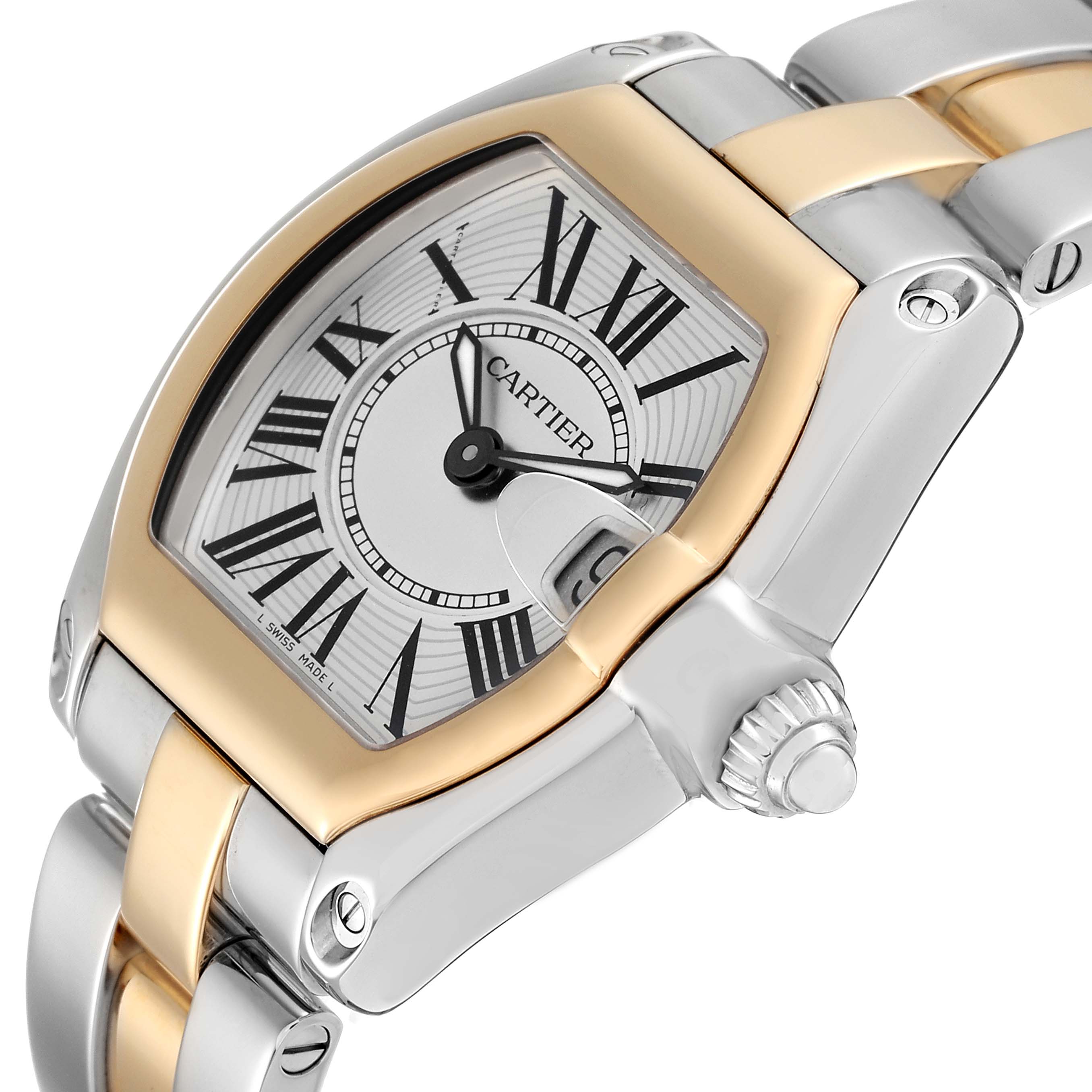 This image shows a close-up angle of the Cartier Roadster W62026Y4 Women's Steel and Gold (two tone) Silver Dial W62026Y4 Women's Steel and Gold (two tone) Silver Dial watch, highlighting its dial, bezel, crown, and part of the bracelet.