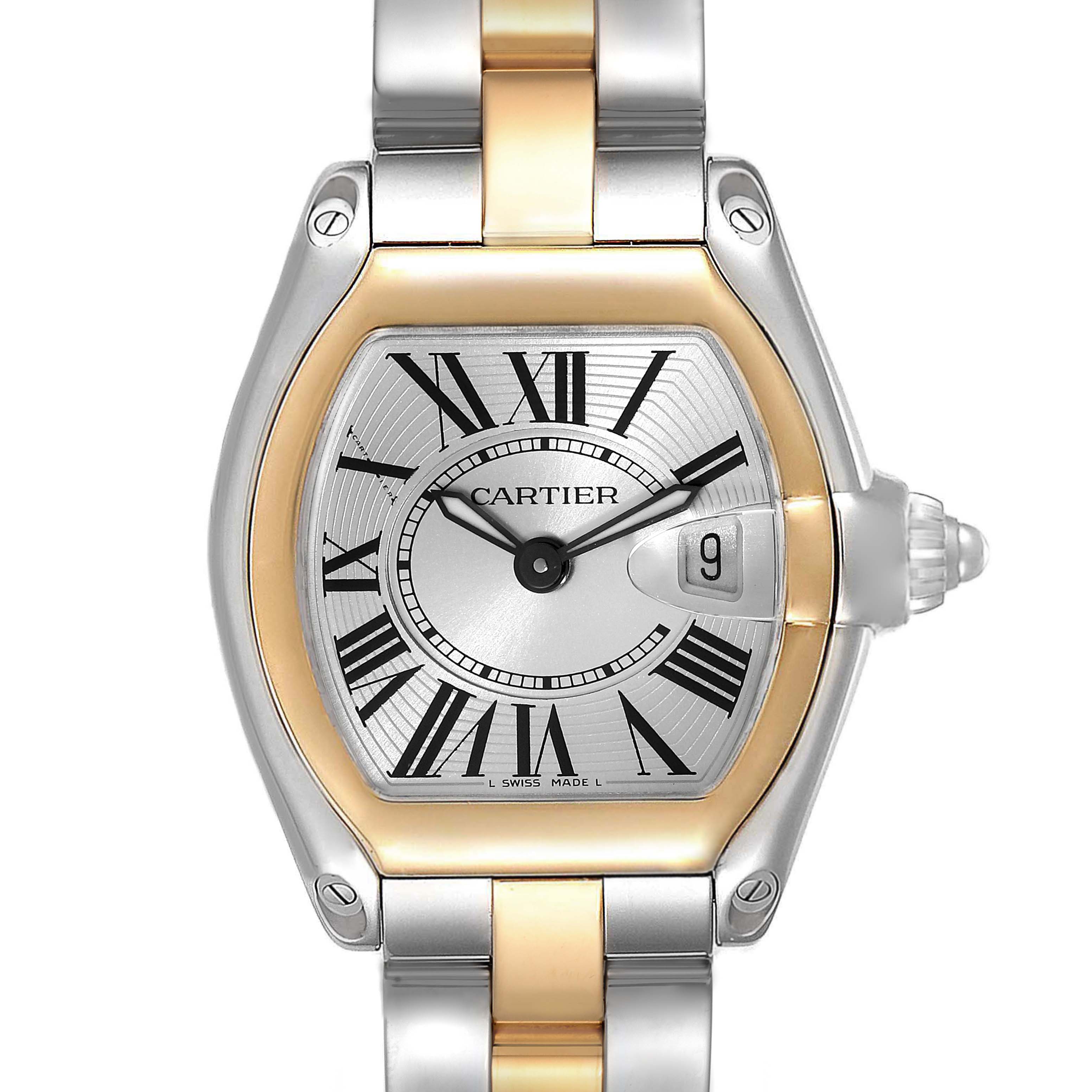 This image shows a Cartier Roadster W62026Y4 Women's Steel and Gold (two tone) Silver Dial W62026Y4 Women's Steel and Gold (two tone) Silver Dial watch from a front angle, highlighting its face, bezel, and bracelet.