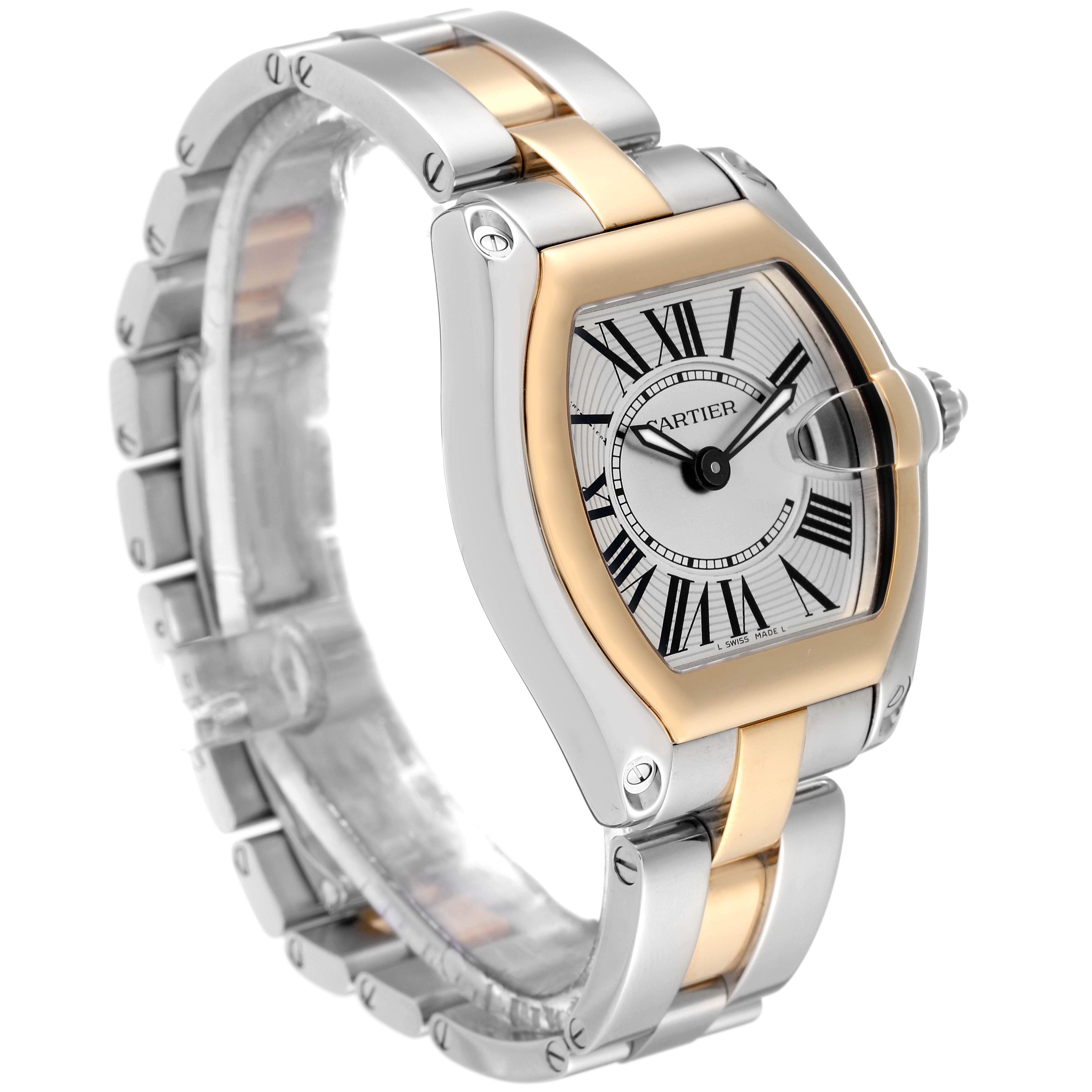 The image shows a Cartier Roadster W62026Y4 Women's Steel and Gold (two tone) Silver Dial W62026Y4 Women's Steel and Gold (two tone) Silver Dial watch from a slightly angled side view, highlighting its face, bezel, and bracelet.