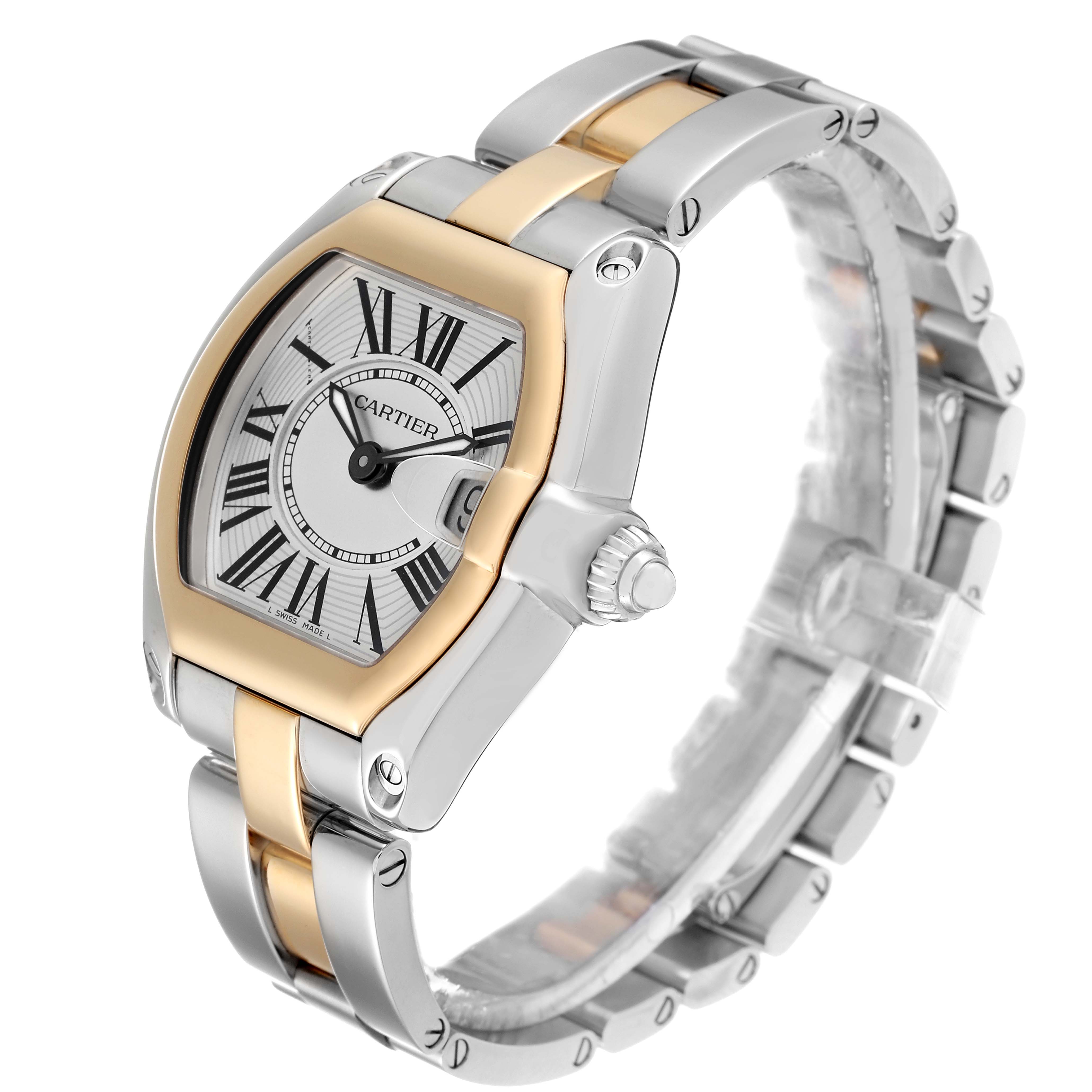 The Cartier Roadster W62026Y4 Women's Steel and Gold (two tone) Silver Dial W62026Y4 Women's Steel and Gold (two tone) Silver Dial watch is shown at an angled view, displaying the dial, bezel, crown, and part of the bracelet.