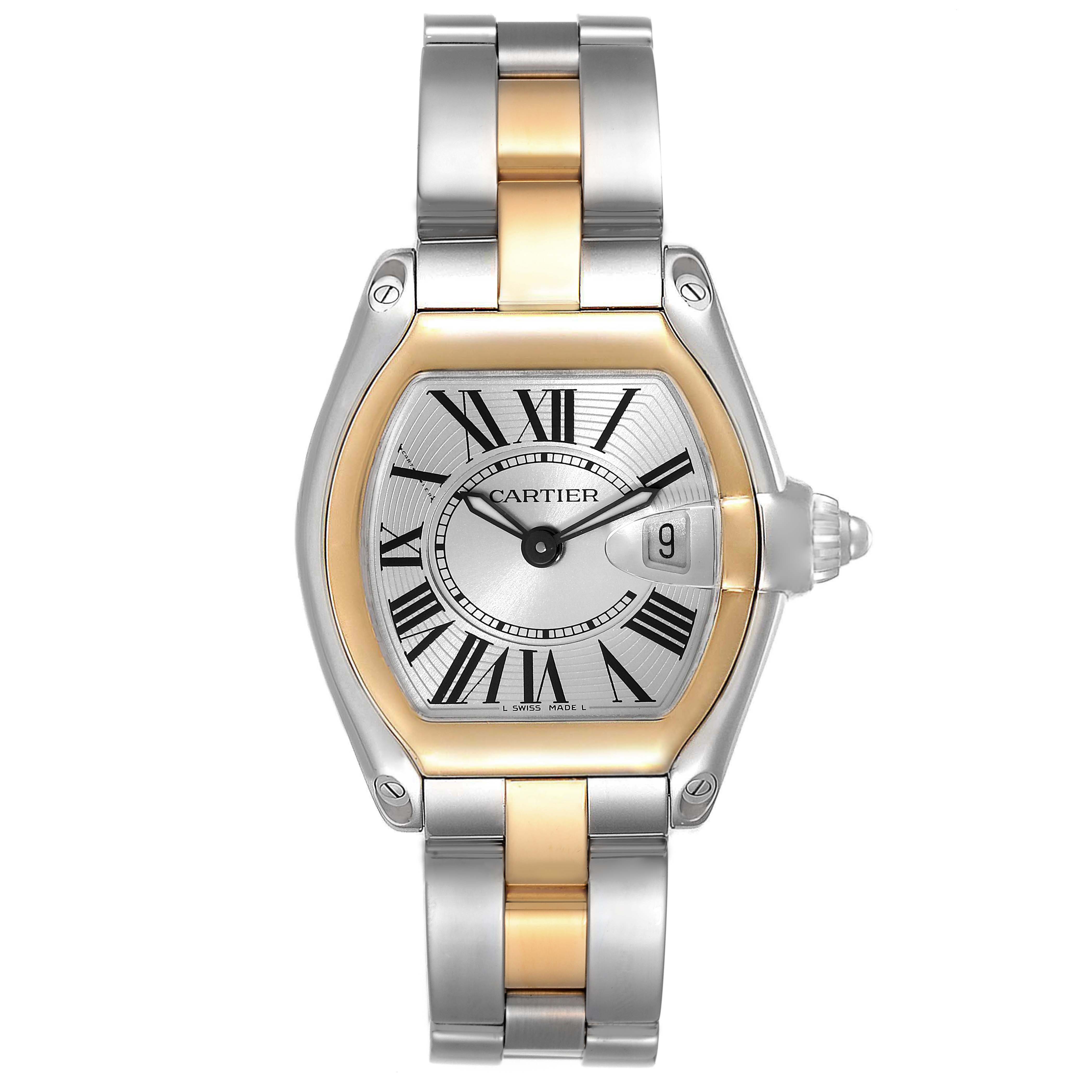 This image shows a Cartier Roadster W62026Y4 Women's Steel and Gold (two tone) Silver Dial W62026Y4 Women's Steel and Gold (two tone) Silver Dial watch, highlighting its face, bezel, and two-tone metal bracelet from the front view.