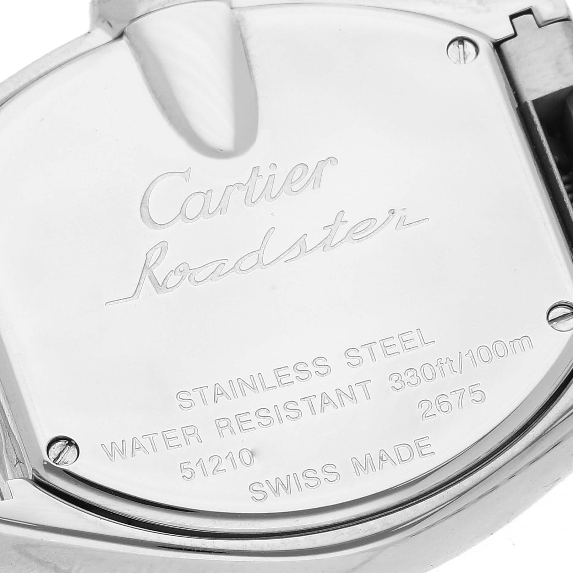 This image shows the back case of a Cartier Roadster W62026Y4 Women's Steel and Gold (two tone) Silver Dial W62026Y4 Women's Steel and Gold (two tone) Silver Dial watch, displaying the brand, model name, and additional specifications.