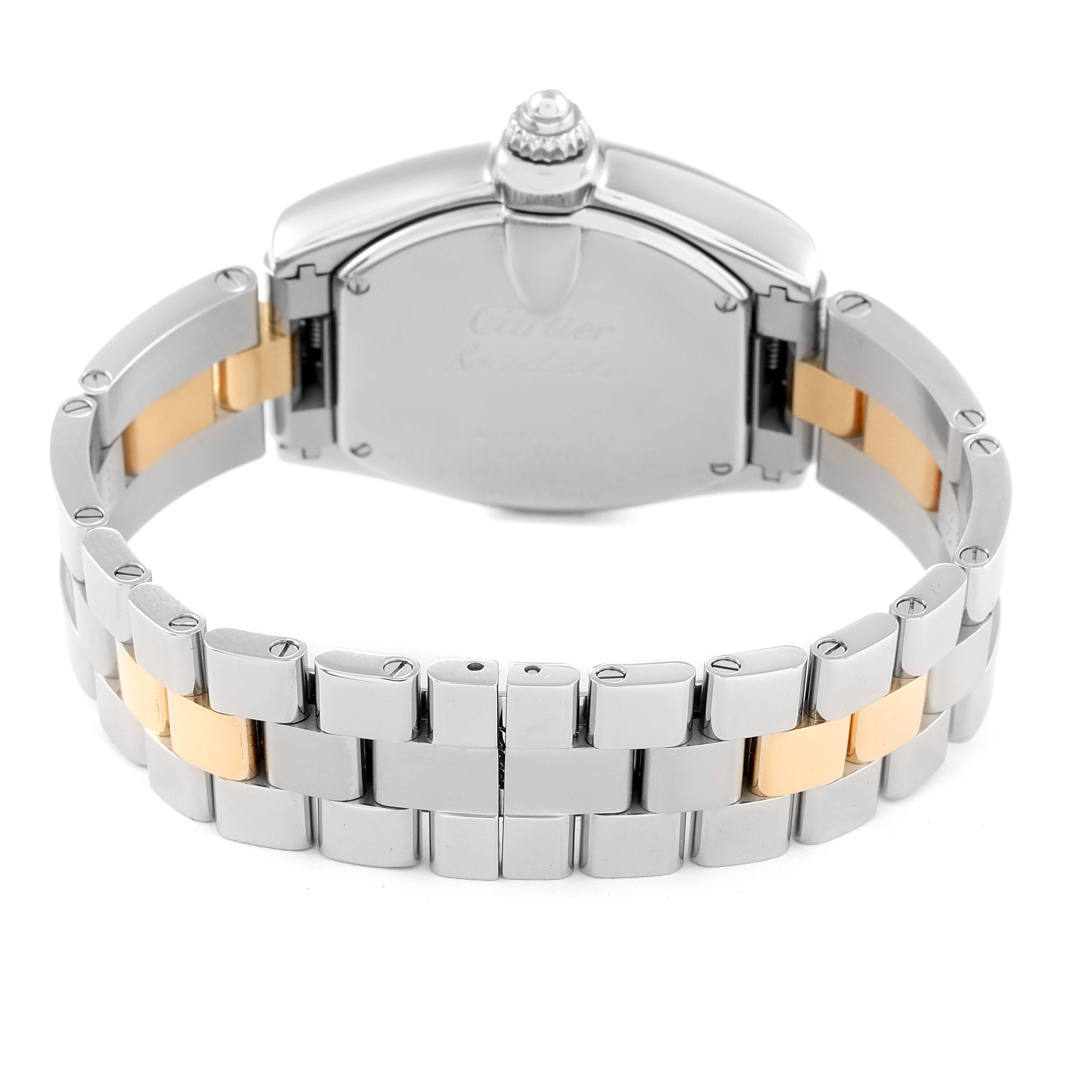 The image shows the back view of a Cartier Roadster W62026Y4 Women's Steel and Gold (two tone) Silver Dial W62026Y4 Women's Steel and Gold (two tone) Silver Dial watch, focusing on the bracelet and caseback.