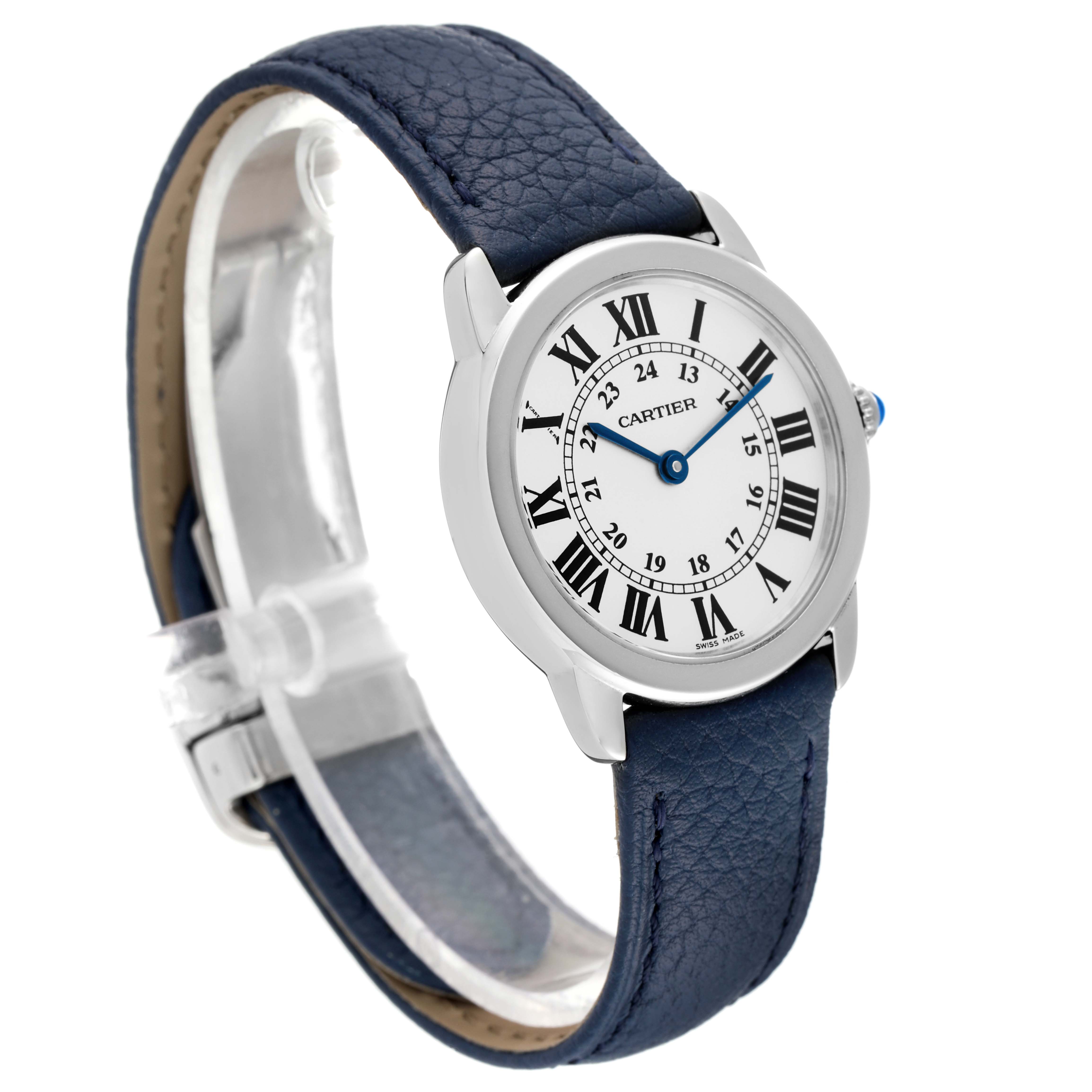 The Cartier Ronde W6700155 Women's Stainless Steel Silver Dial W6700155 Women's Stainless Steel Silver Dial watch is shown at an angle revealing the face with Roman numerals, blue hands, and blue leather strap.