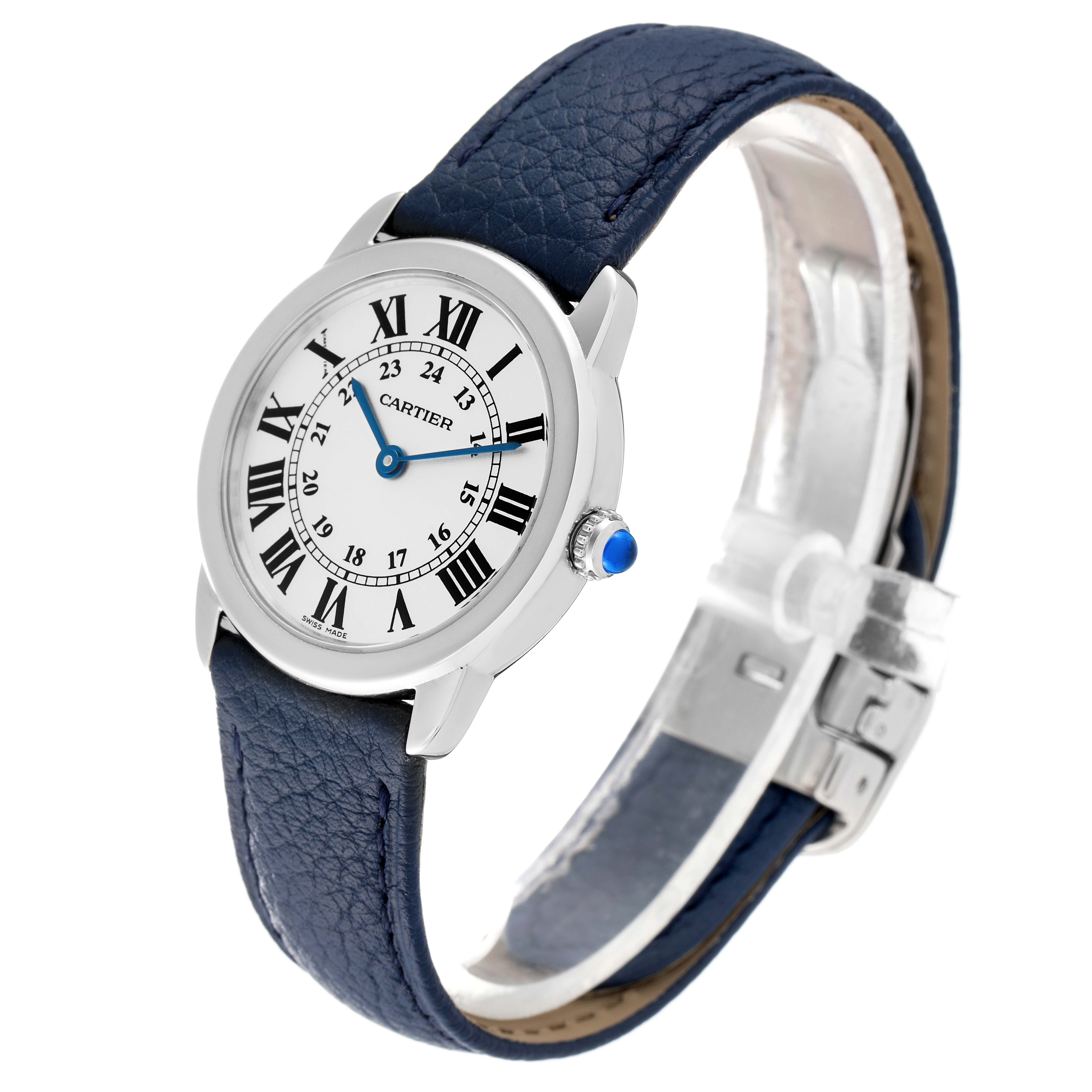 The Cartier Ronde W6700155 Women's Stainless Steel Silver Dial W6700155 Women's Stainless Steel Silver Dial model watch is shown from a front angle, highlighting its face, bezel, blue leather strap, and clasp.