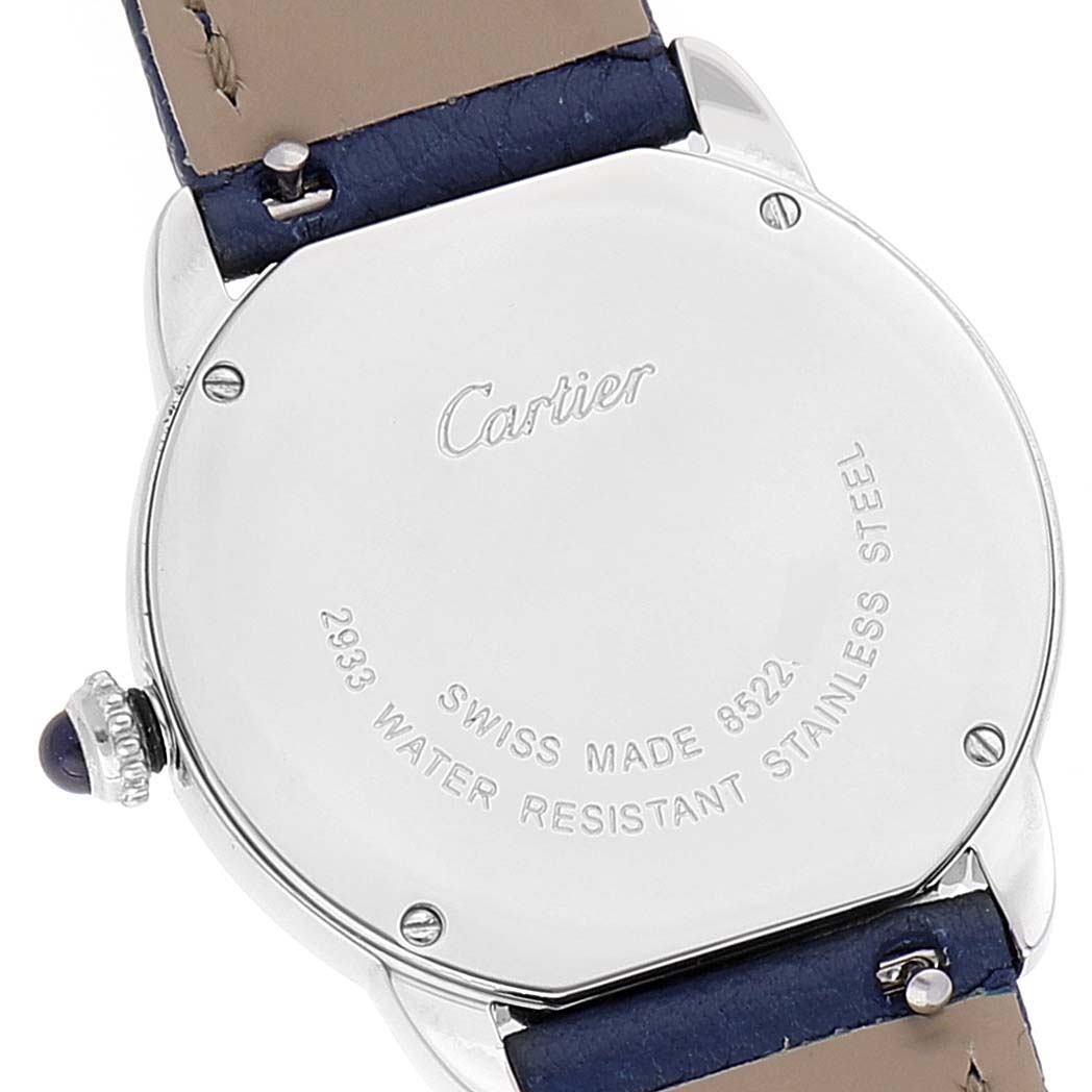 The image shows the case back of the Ronde model by Cartier, along with parts of the strap and crown.