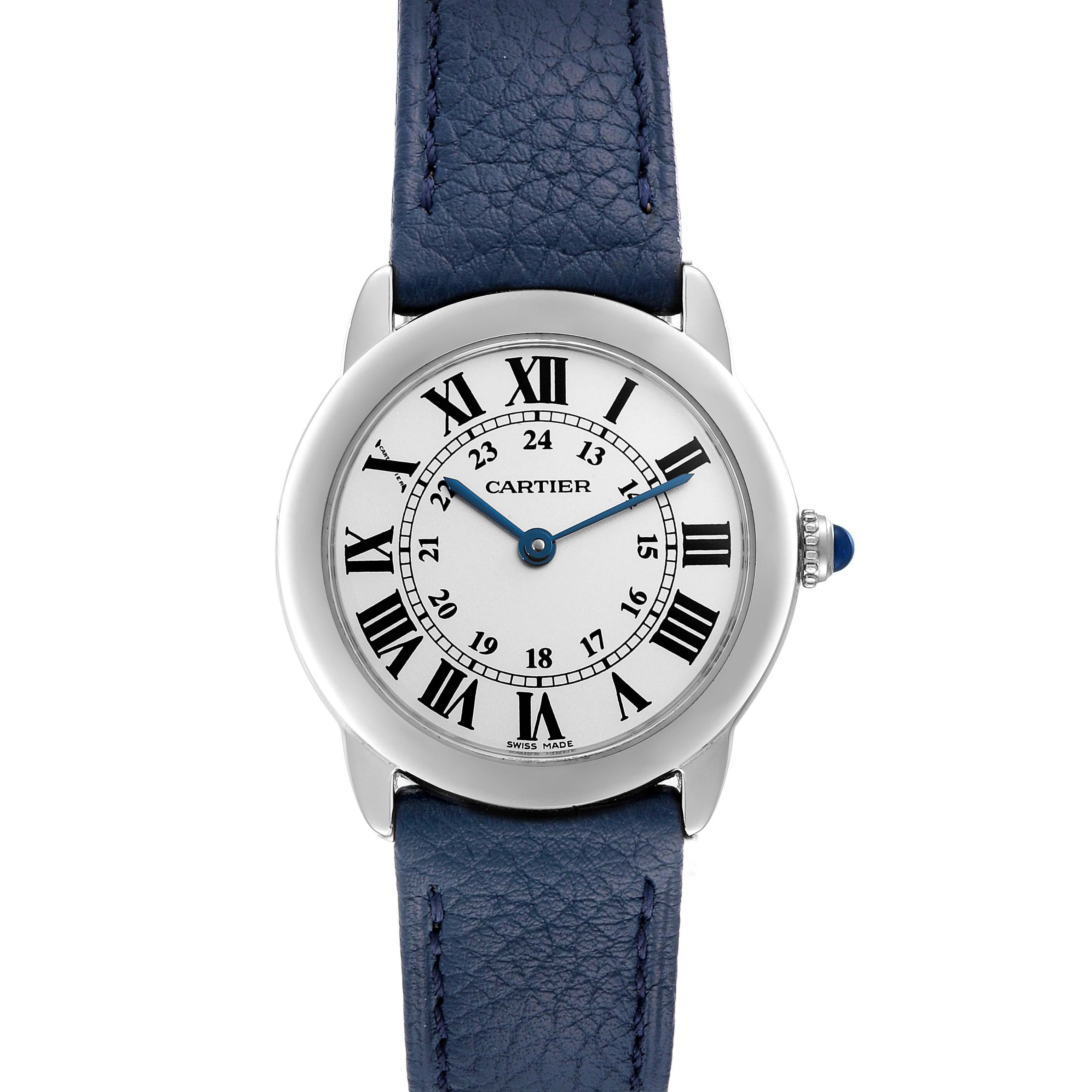 This image shows a Cartier Ronde W6700155 Women's Stainless Steel Silver Dial W6700155 Women's Stainless Steel Silver Dial watch from a top-down angle, displaying the face, dial, and strap.