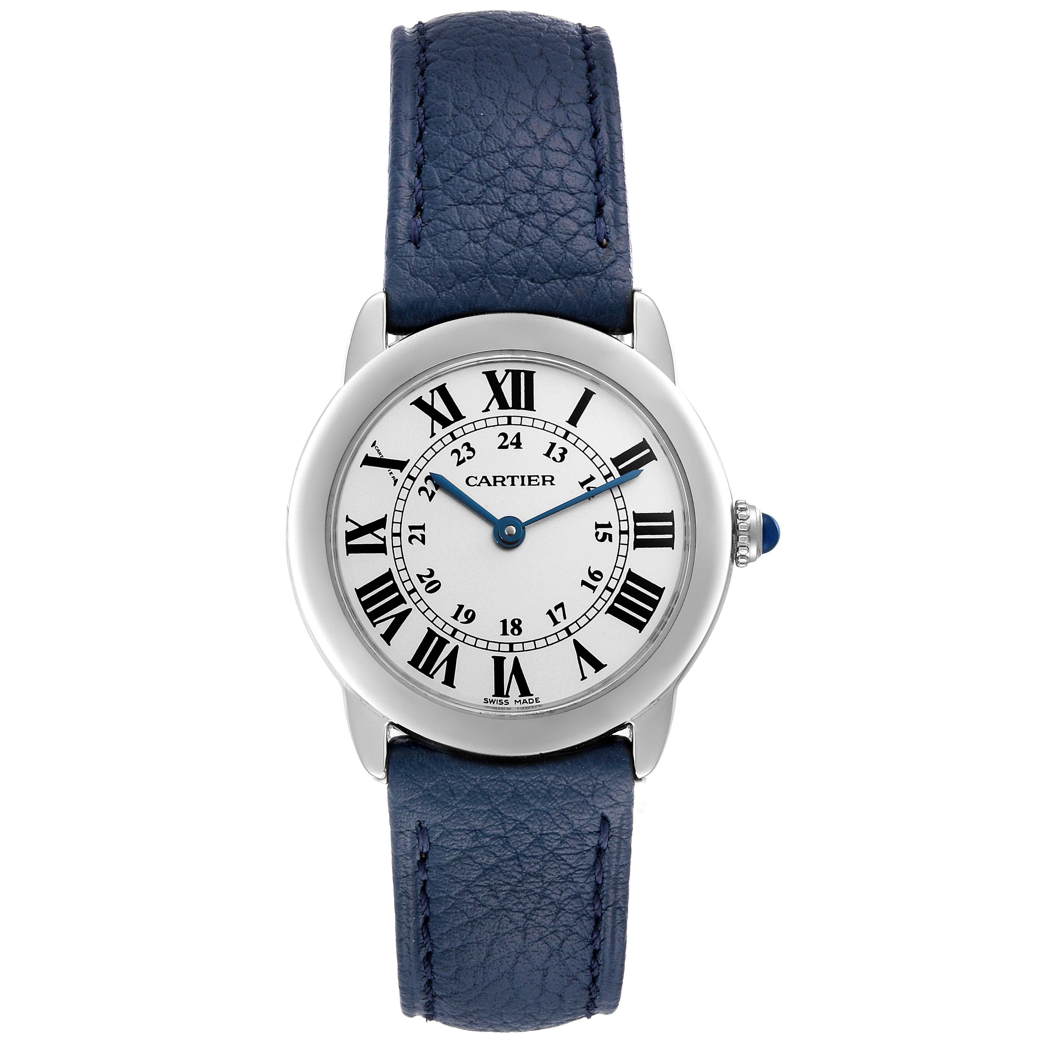 The image shows a front view of the Cartier Ronde W6700155 Women's Stainless Steel Silver Dial W6700155 Women's Stainless Steel Silver Dial model watch, featuring a blue leather strap and a white dial with Roman numerals.