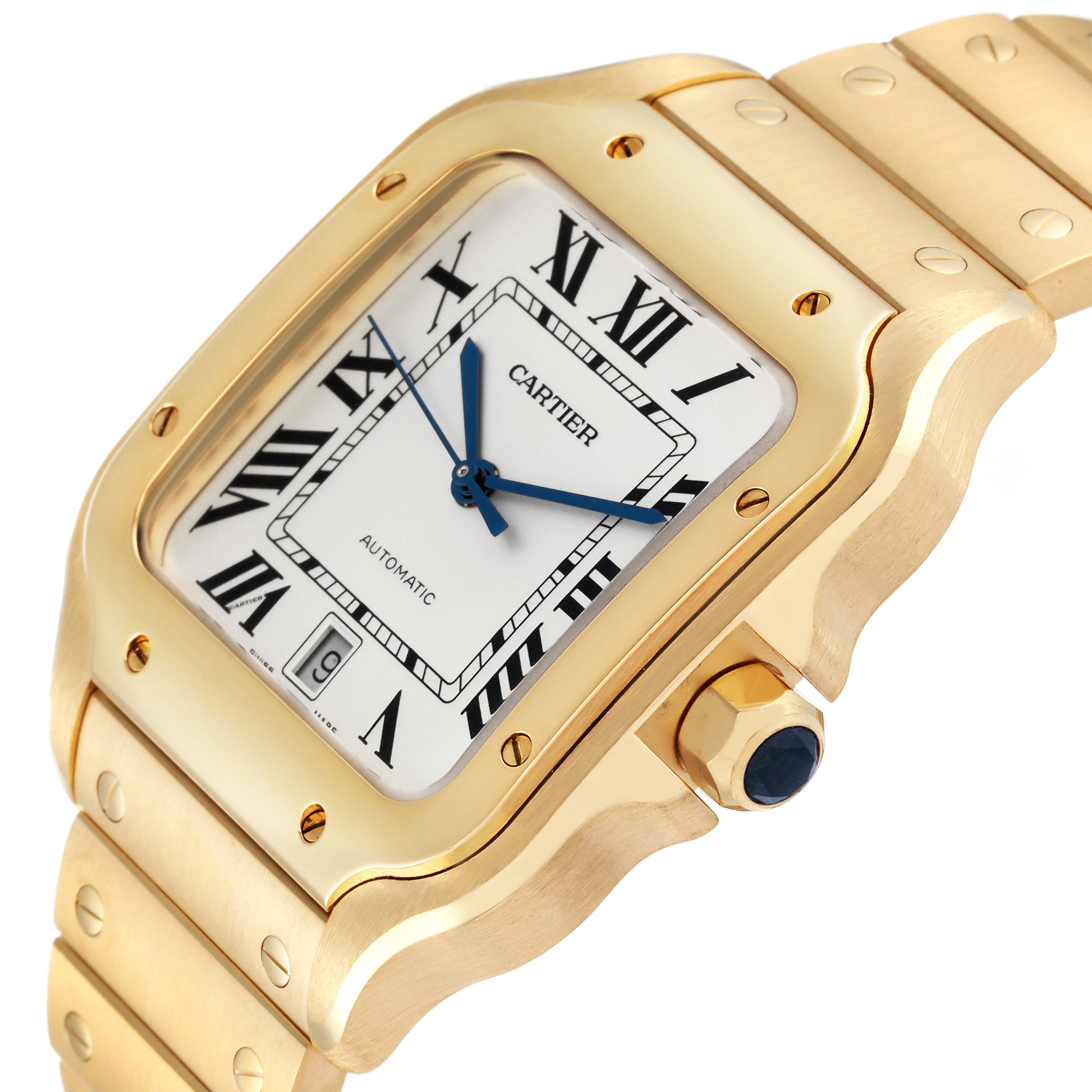 The image shows a close-up angle of the Cartier Santos WGSA029 Men
s Yellow Gold Silver Dial WGSA029 Men
s Yellow Gold Silver Dial watch, highlighting its face, bezel, and part of the bracelet.