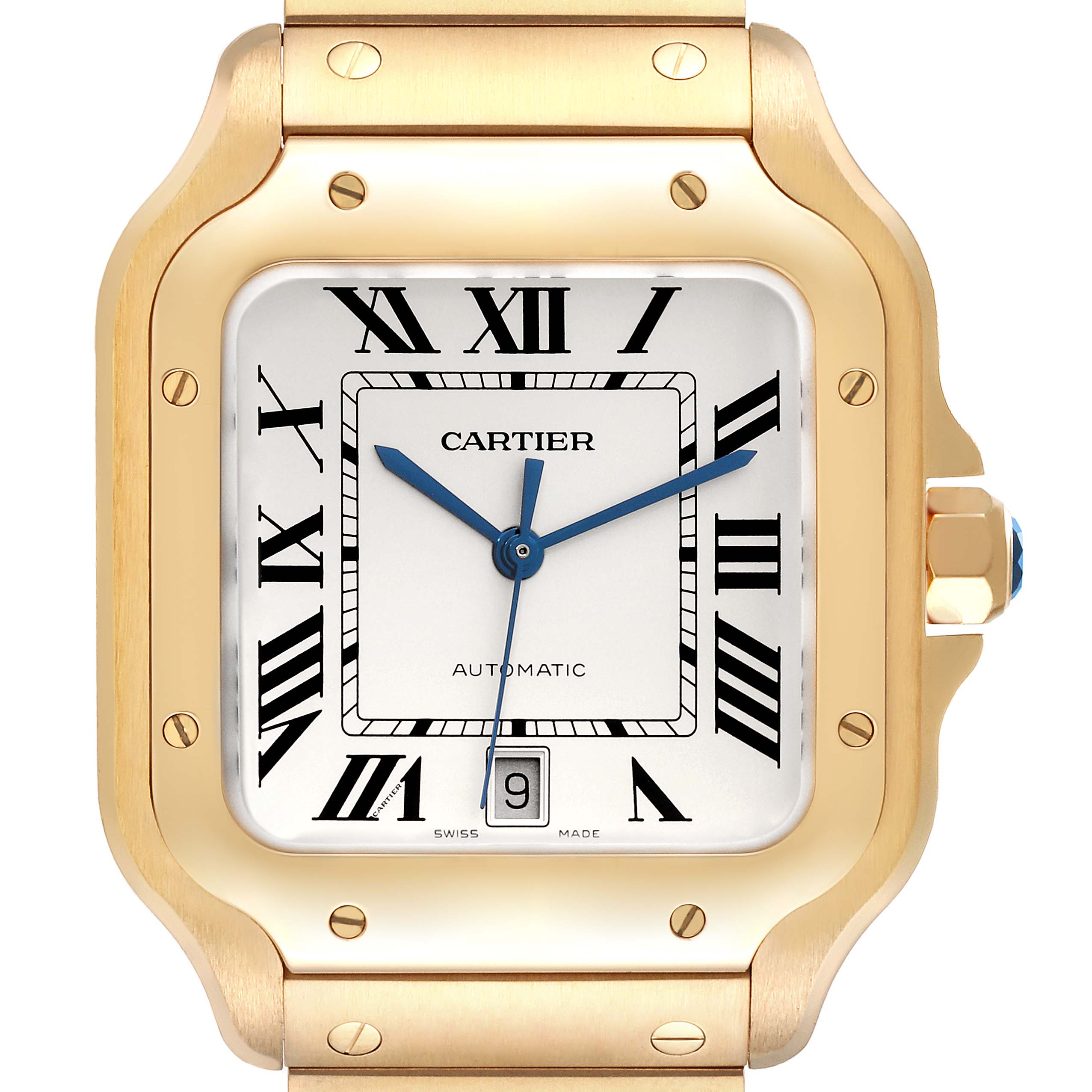 The image shows a close-up front view of the Cartier Santos WGSA029 Men
s Yellow Gold Silver Dial WGSA029 Men
s Yellow Gold Silver Dial watch, highlighting its dial, hands, date window, and casing.