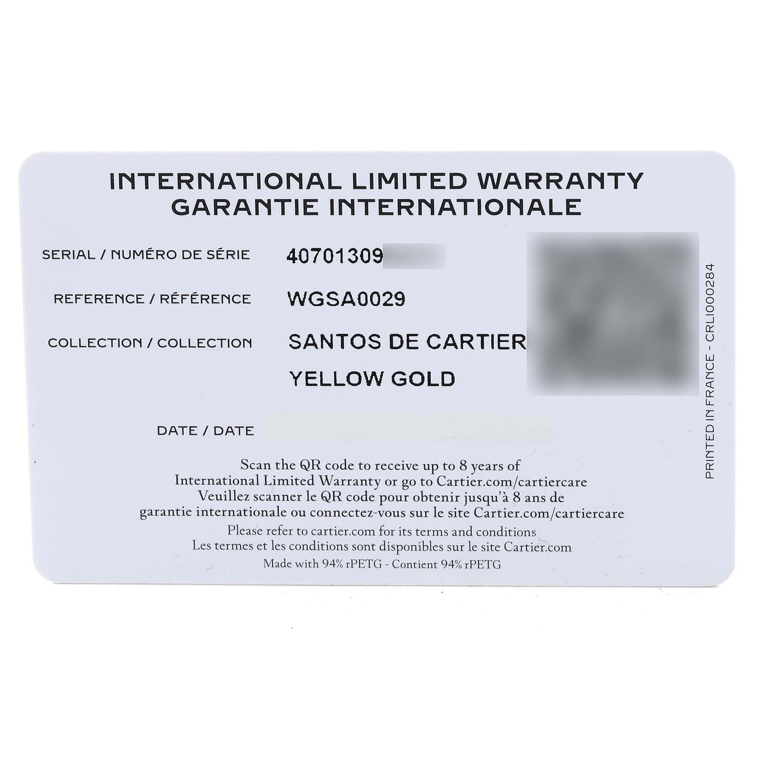 The image shows an International Limited Warranty card for the Cartier Santos WGSA029 Men
s Yellow Gold Silver Dial WGSA029 Men
s Yellow Gold Silver Dial watch model, including serial and reference numbers.