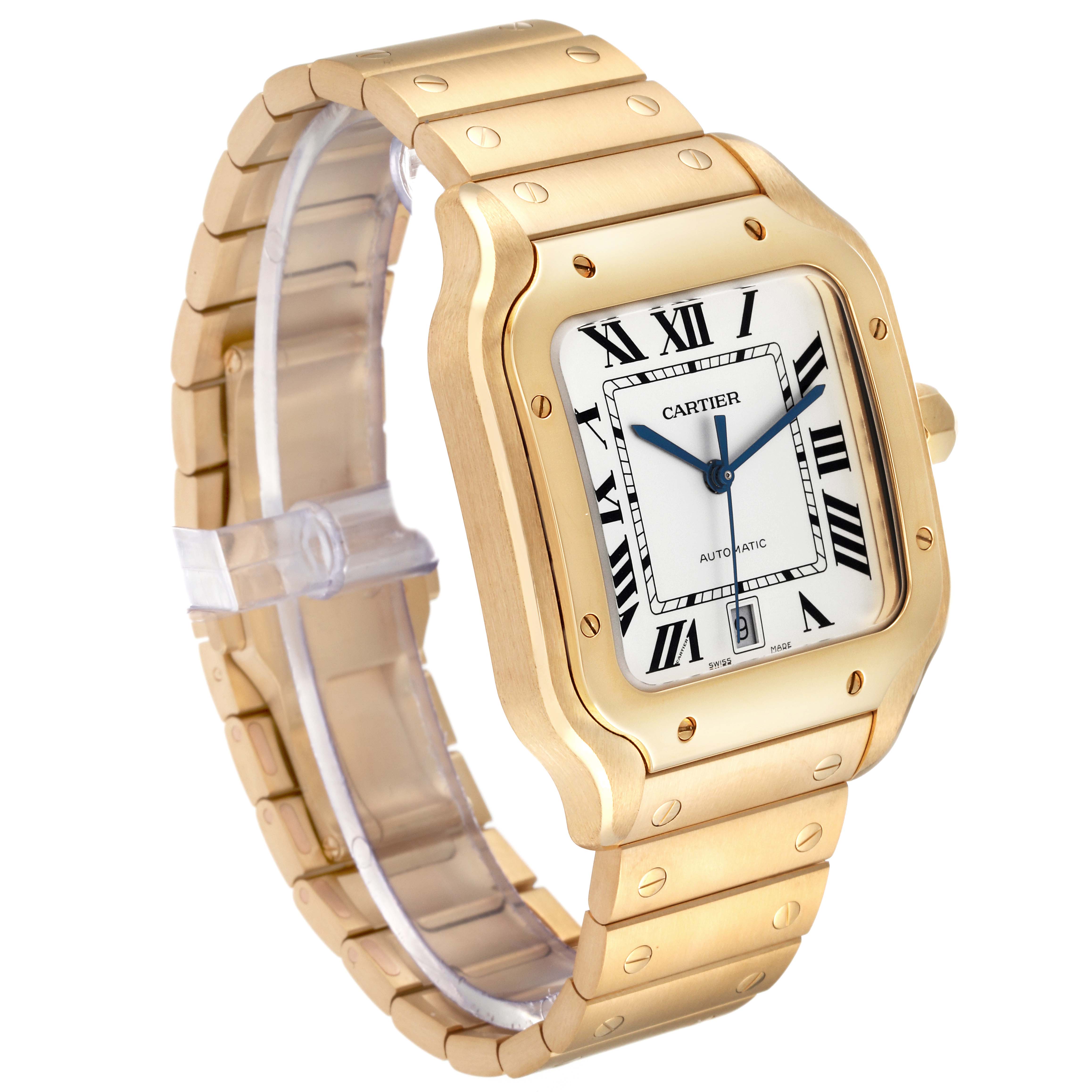 The image shows a side perspective of the Cartier Santos WGSA029 Men
s Yellow Gold Silver Dial WGSA029 Men
s Yellow Gold Silver Dial watch, highlighting its gold case, bracelet, and white dial with Roman numerals.