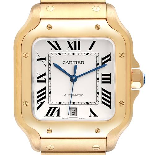 Photo of Cartier Santos Silver Dial Large 18k Yellow Gold Mens Watch WGSA0029 Box Card