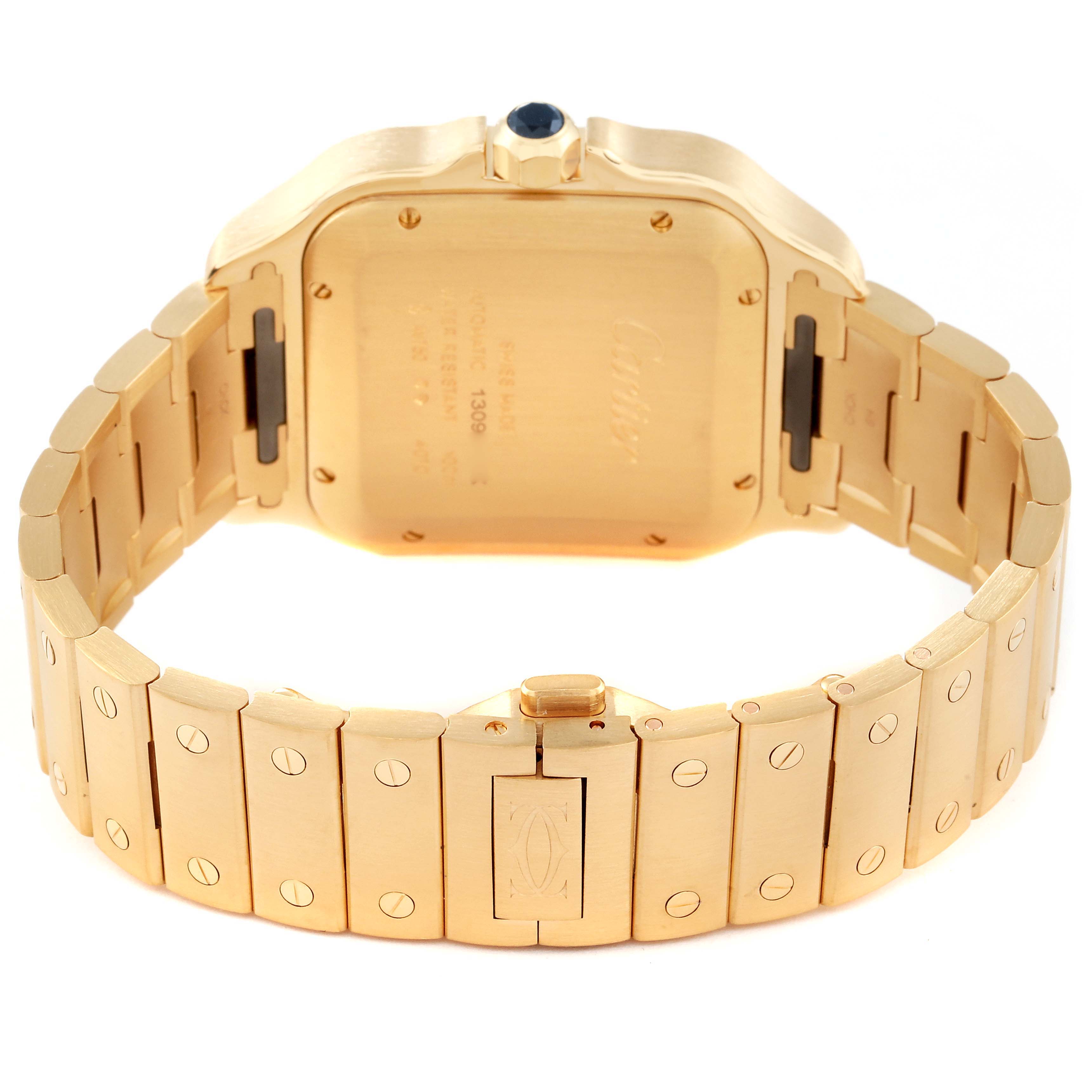 This image shows the back of the Santos model by Cartier, highlighting the case back, crown, and bracelet.