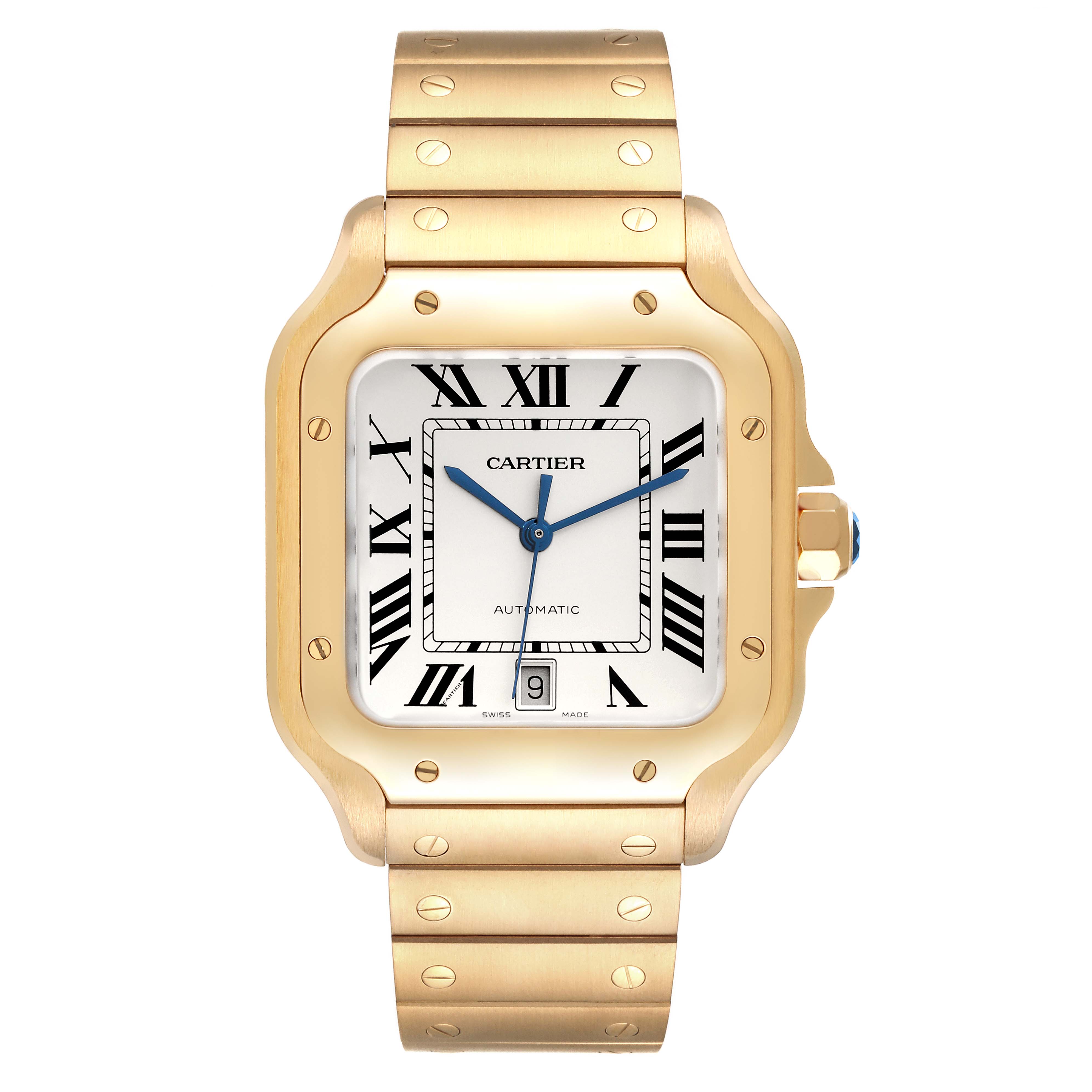 The image shows a front view of a Cartier Santos WGSA029 Men
s Yellow Gold Silver Dial WGSA029 Men
s Yellow Gold Silver Dial watch, highlighting its face, bezel, and part of the bracelet.