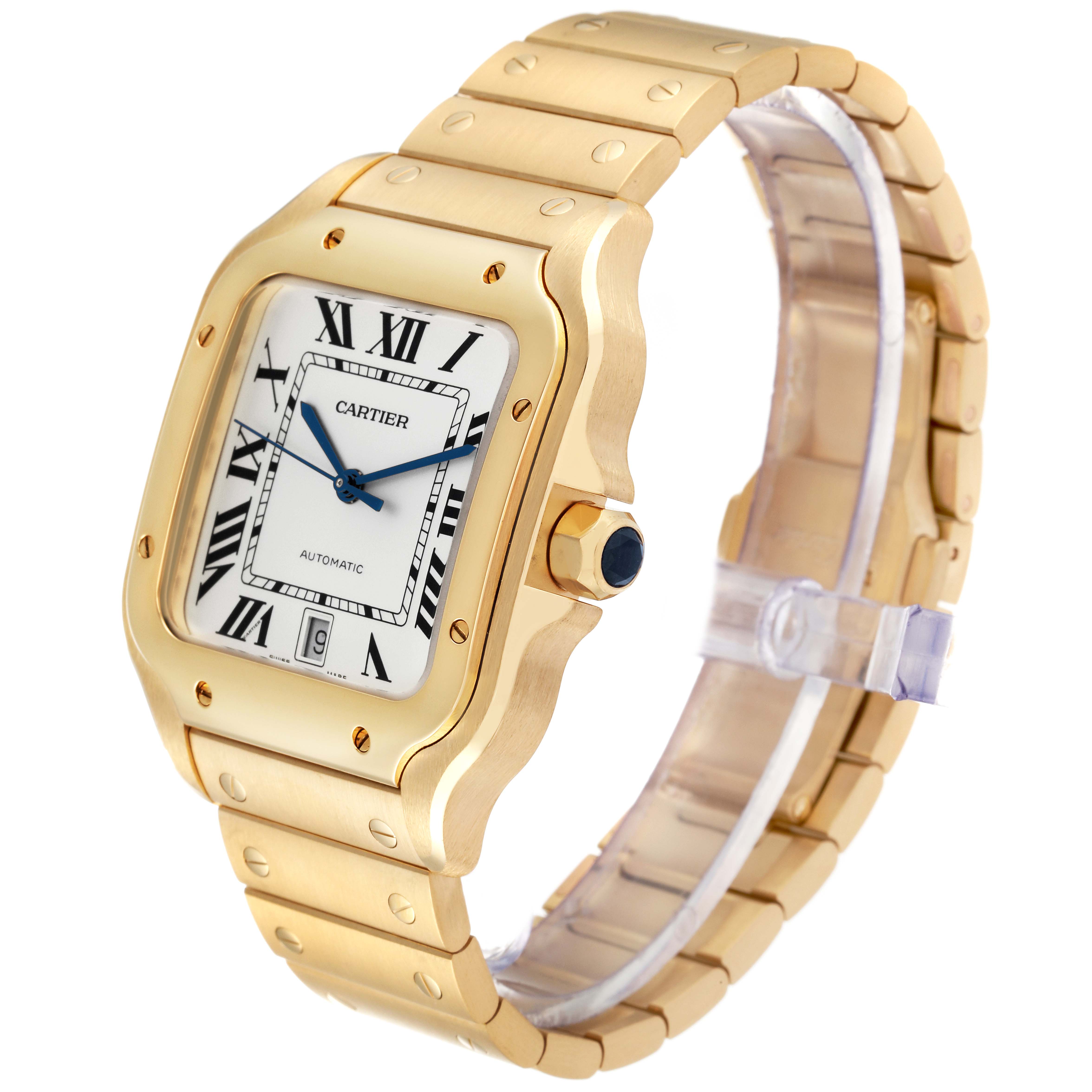 The image shows a Cartier Santos WGSA029 Men
s Yellow Gold Silver Dial WGSA029 Men
s Yellow Gold Silver Dial model watch at a three-quarter angle, highlighting the gold case, Roman numeral dial, and metal bracelet.