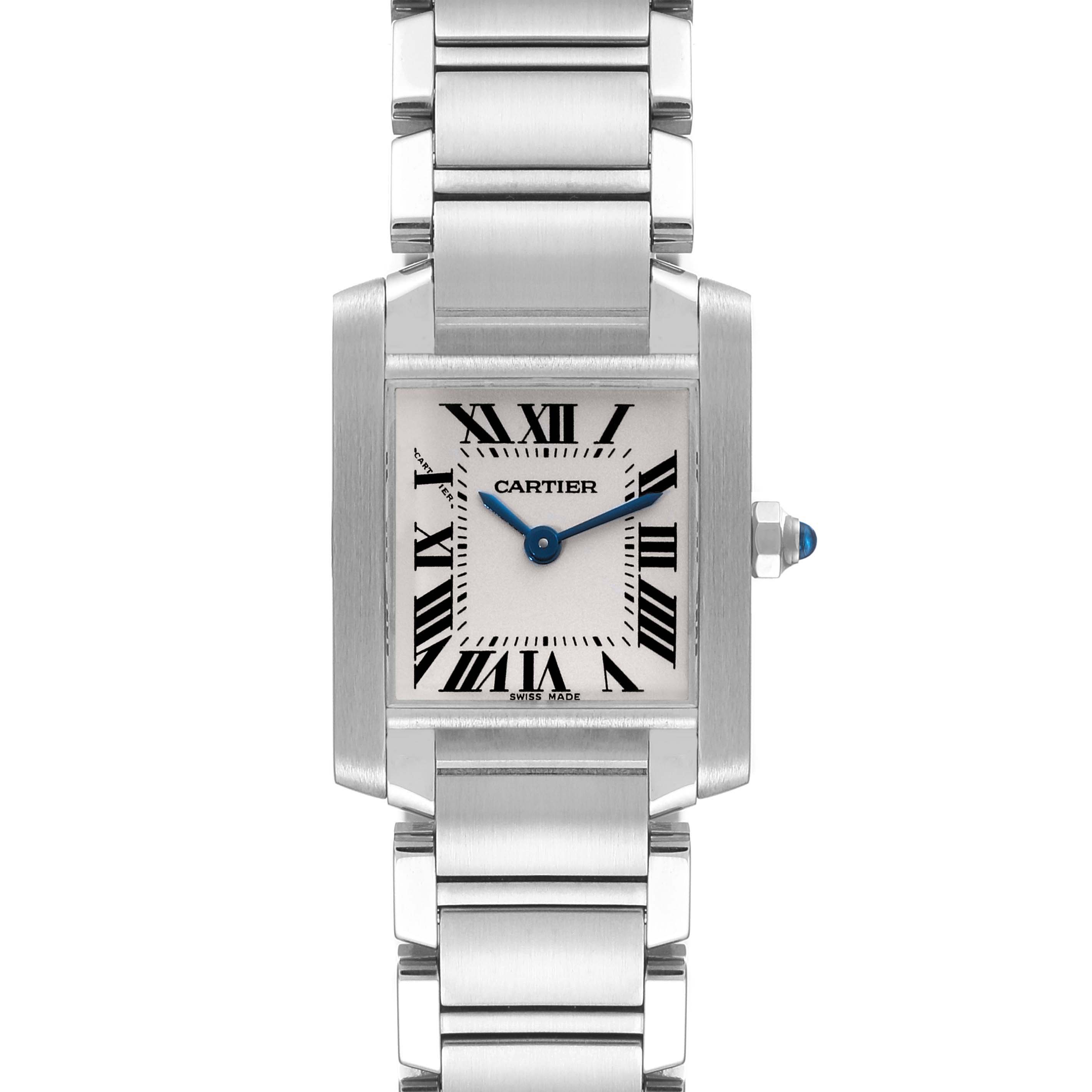 This image shows a front view of the Cartier Tank Francaise W51008Q3 Women's Stainless Steel Silver Dial W51008Q3 Women's Stainless Steel Silver Dial watch, showcasing its face, bracelet, and crown with a blue cabochon.