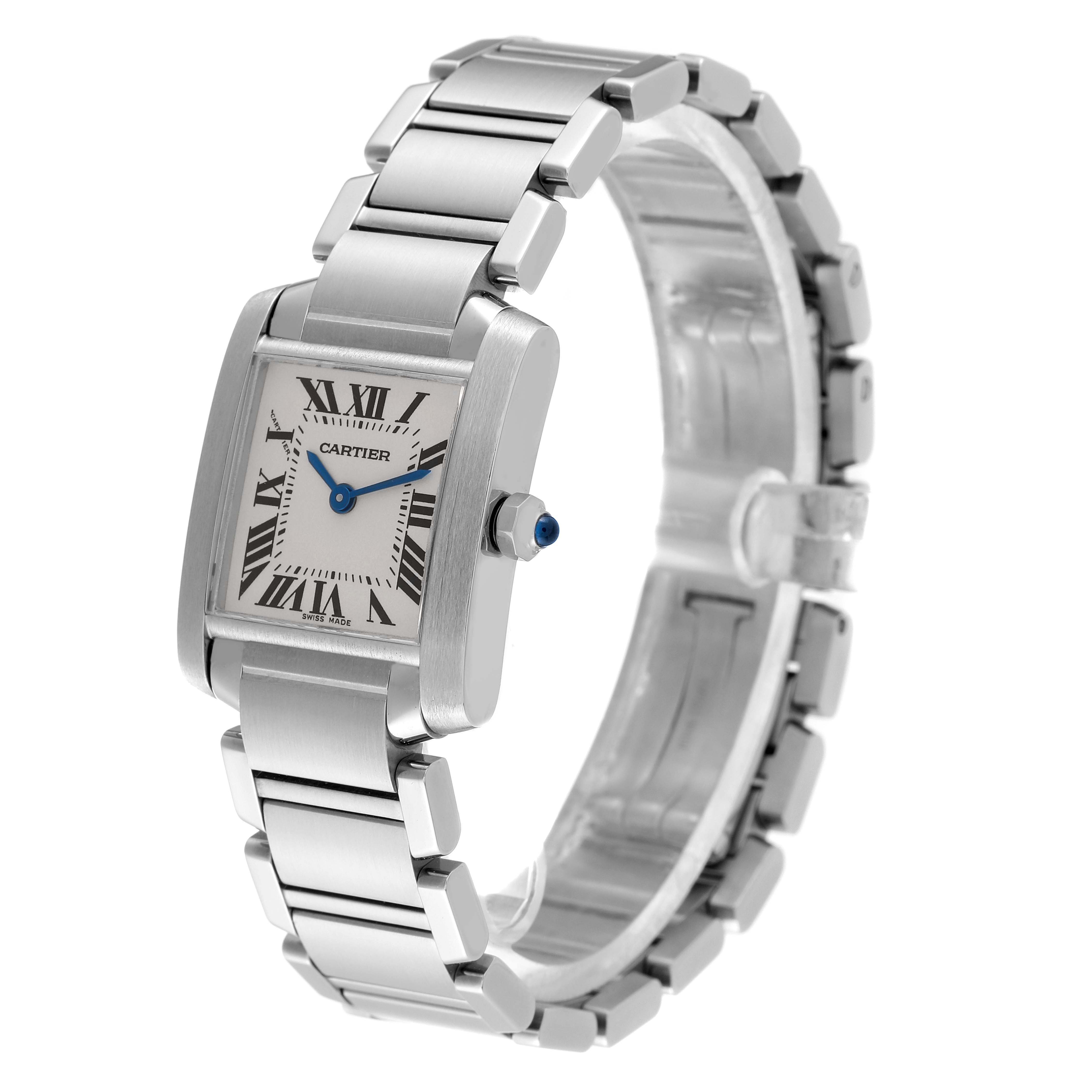 The image shows a side angle of a Cartier Tank Francaise W51008Q3 Women's Stainless Steel Silver Dial W51008Q3 Women's Stainless Steel Silver Dial watch, displaying the face, case, crown, and bracelet.