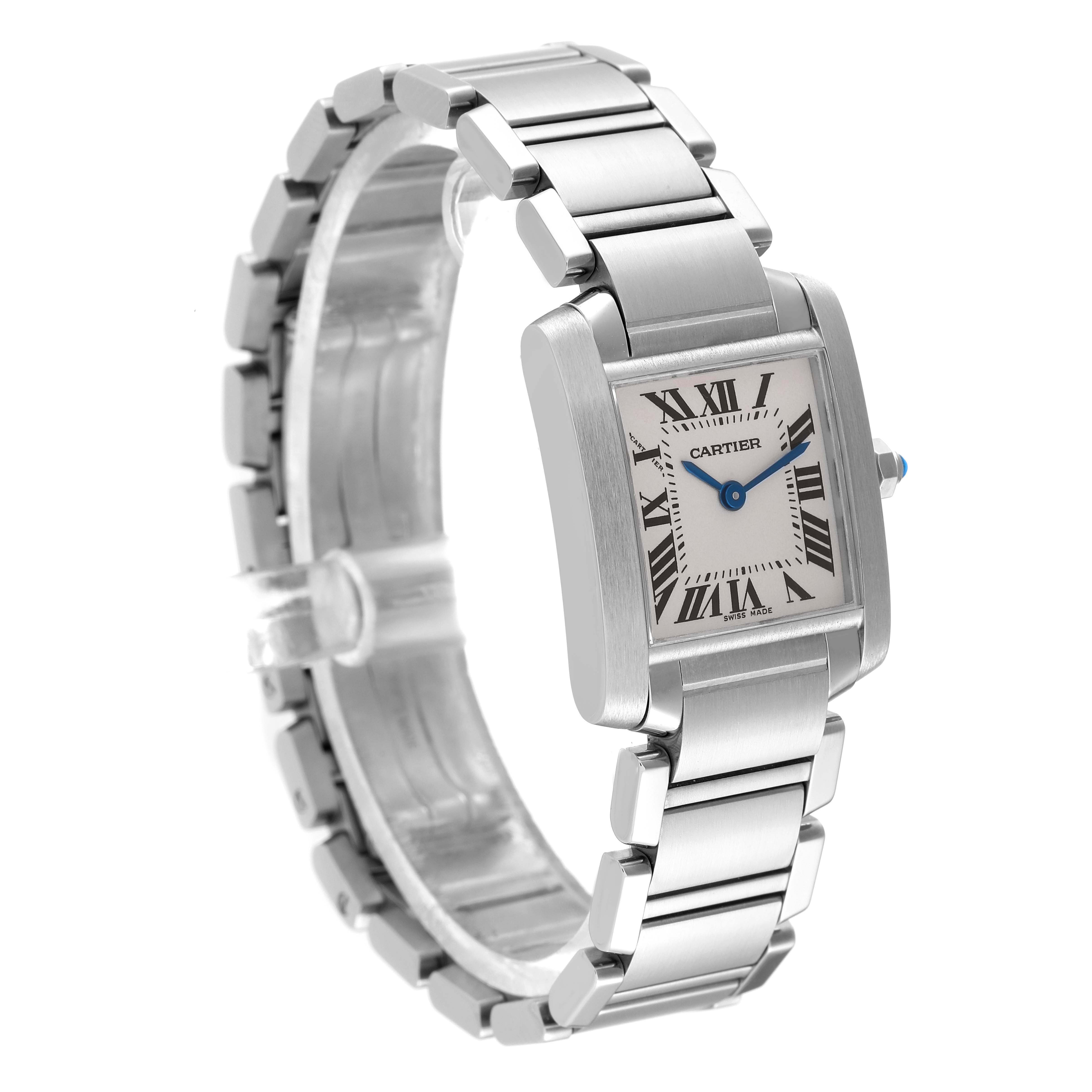 The image shows a Cartier Tank Française watch from an angled perspective, highlighting the face, bezel, crown, and metal bracelet.