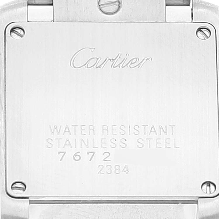 This image shows the case back of a Cartier Tank Francaise W51008Q3 Women's Stainless Steel Silver Dial W51008Q3 Women's Stainless Steel Silver Dial watch, highlighting its water resistance and stainless steel composition.