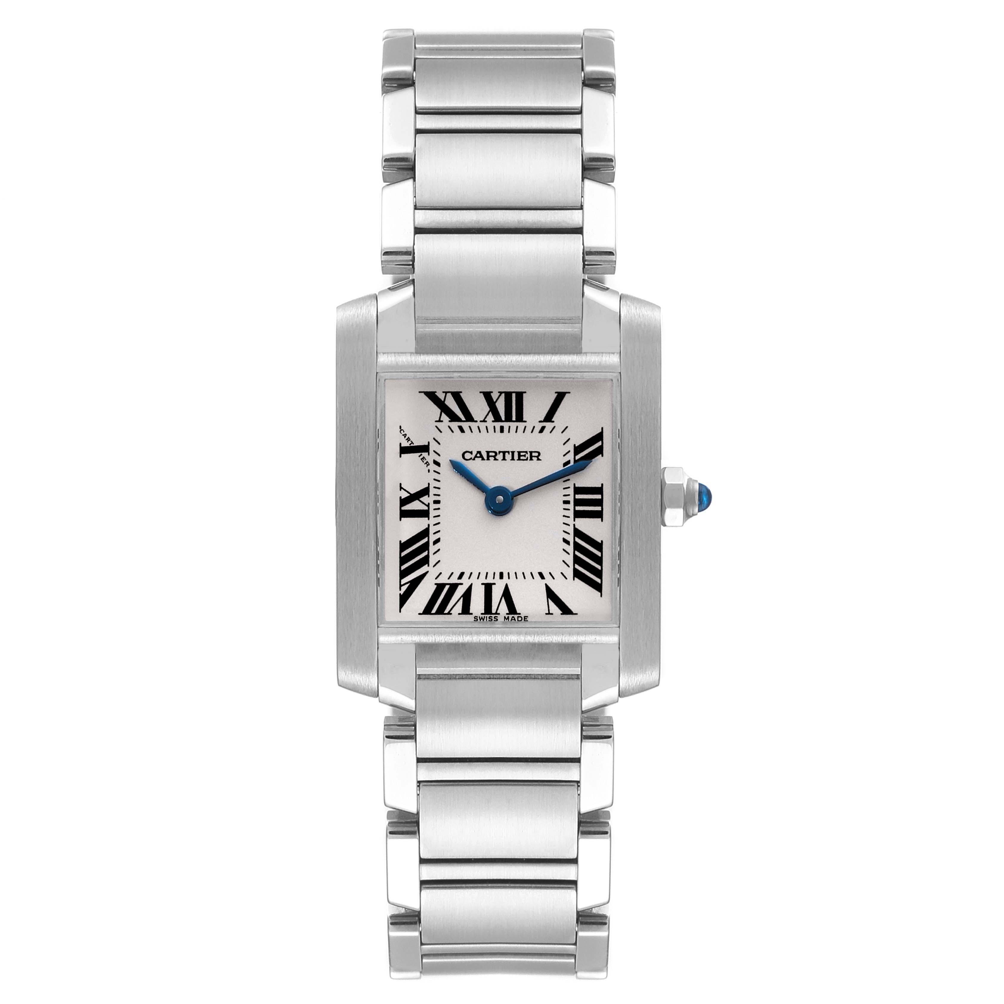This is a frontal view of a Cartier Tank Francaise W51008Q3 Women's Stainless Steel Silver Dial W51008Q3 Women's Stainless Steel Silver Dial watch, displaying the face, dial, and bracelet.