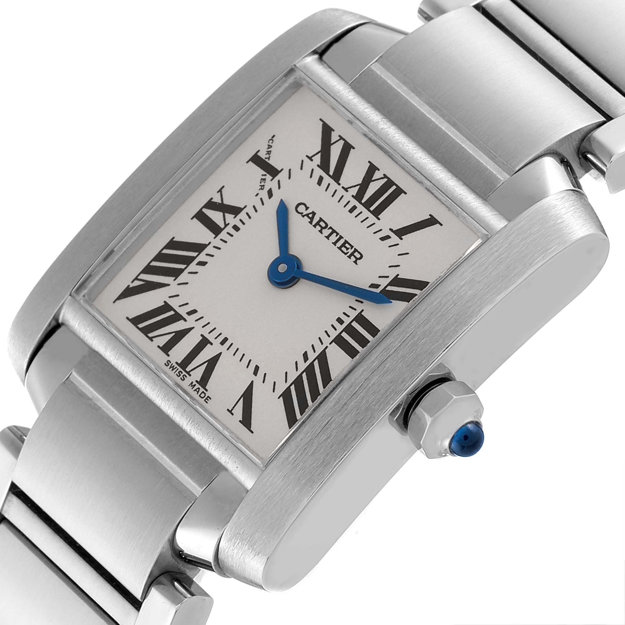 The image shows a close-up angled view of the Cartier Tank Francaise W51008Q3 Women's Stainless Steel Silver Dial W51008Q3 Women's Stainless Steel Silver Dial watch, highlighting its face, crown, and part of the metal bracelet.