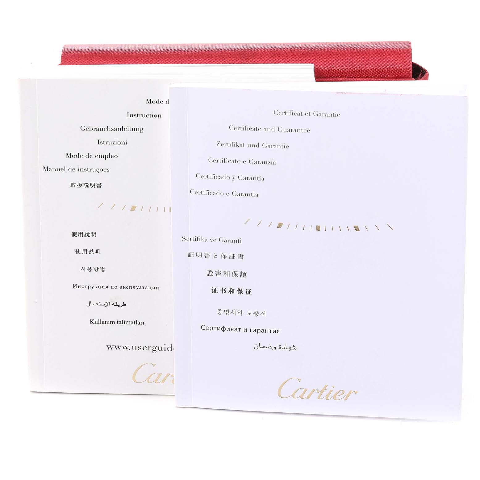 The image shows the instruction manual and certificate and guarantee booklet for a Cartier Tank Louis WJTA0010 Women
s Rose Gold Silver Dial WJTA0010 Women
s Rose Gold Silver Dial watch.