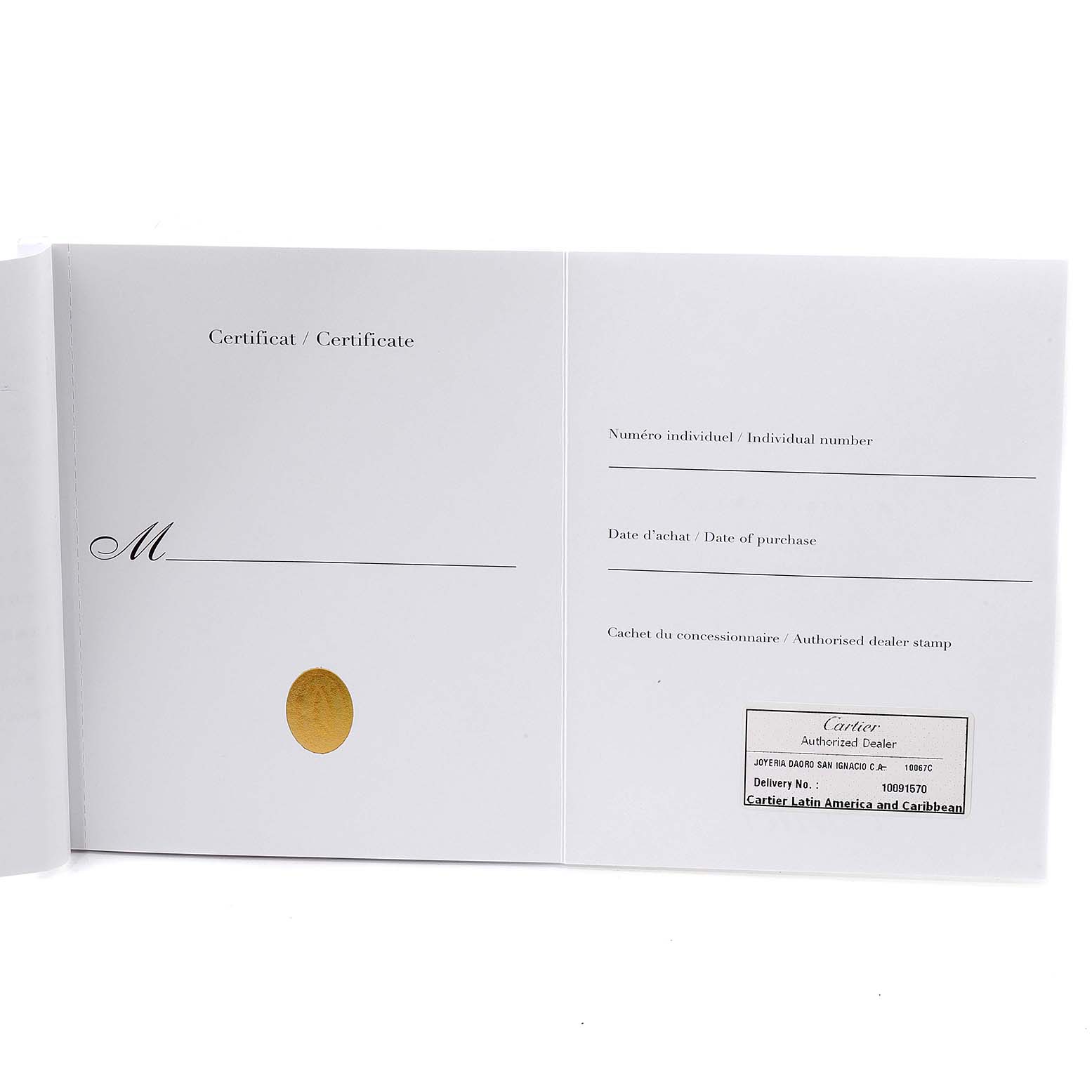 The image shows an open warranty certificate booklet for a Cartier Tank MC W5330008 Men's Stainless Steel Grey Dial W5330008 Men's Stainless Steel Grey Dial watch.