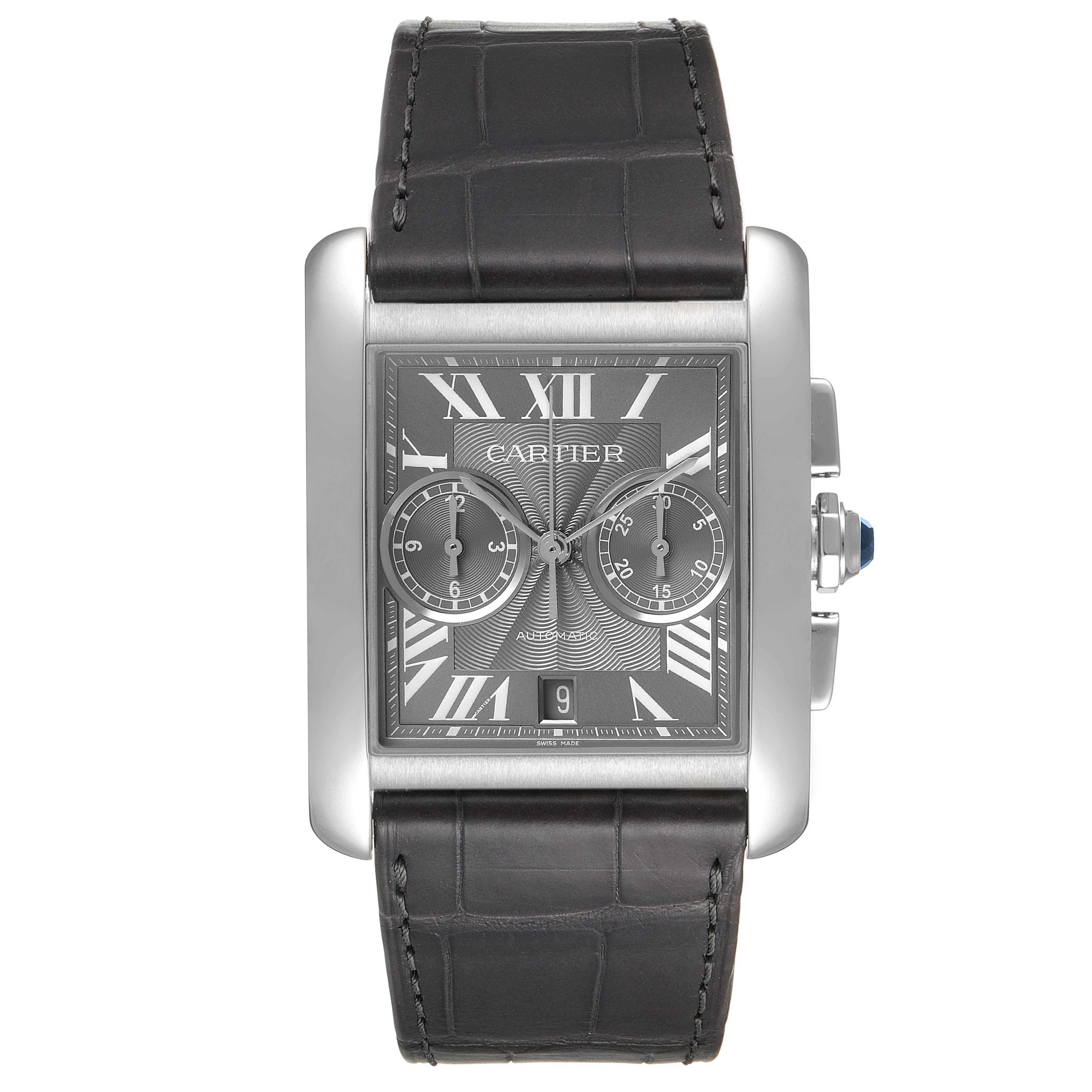 The image shows a front view of the Cartier Tank MC W5330008 Men's Stainless Steel Grey Dial W5330008 Men's Stainless Steel Grey Dial watch, featuring its black leather strap, Roman numeral dial, and chronograph subdials.