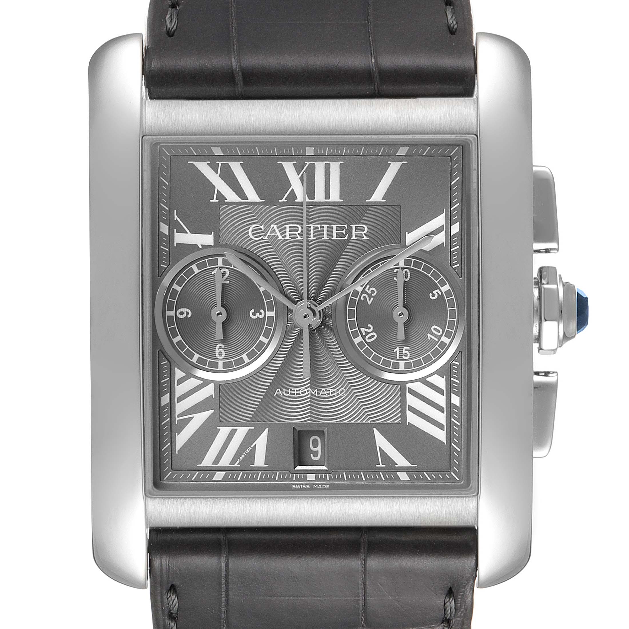 This image shows a frontal view of the Cartier Tank MC W5330008 Men's Stainless Steel Grey Dial W5330008 Men's Stainless Steel Grey Dial watch, highlighting its face, straps, and side crown.