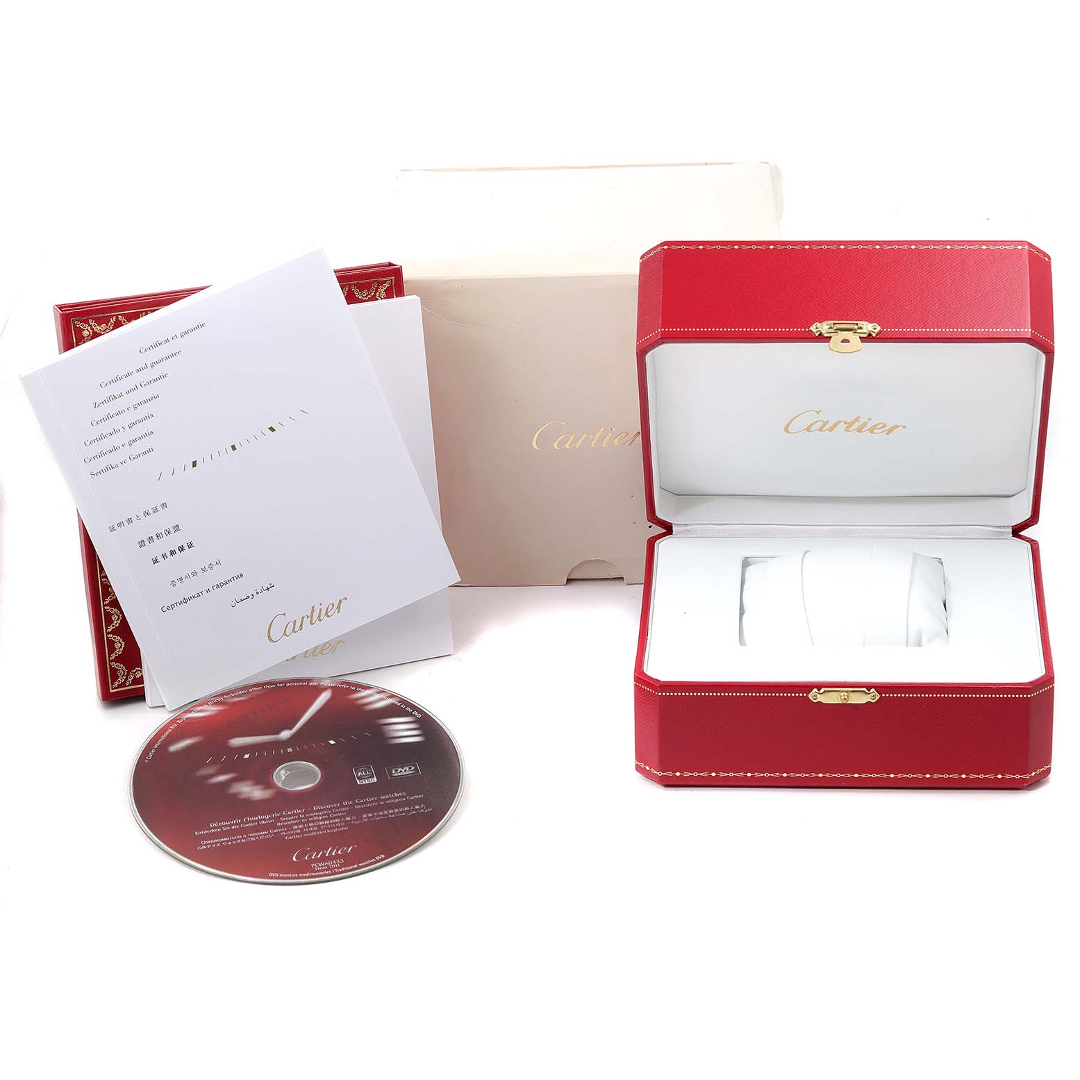 The image shows packaging, a watch box, a booklet, and a CD for the Cartier Tank MC W5330008 Men's Stainless Steel Grey Dial W5330008 Men's Stainless Steel Grey Dial model.