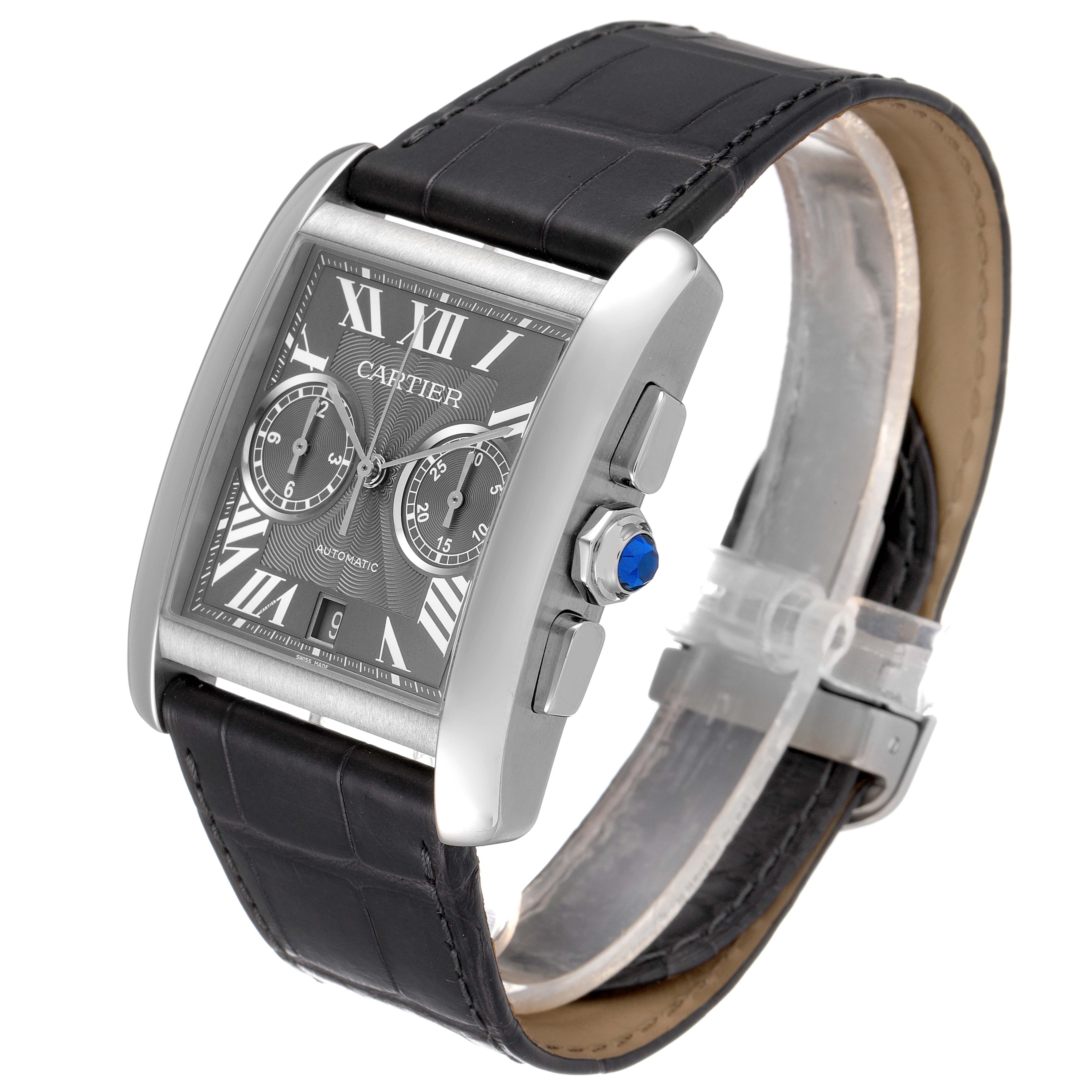 This Cartier Tank MC W5330008 Men's Stainless Steel Grey Dial W5330008 Men's Stainless Steel Grey Dial watch is shown at a three-quarter angle, highlighting its face, crown, and black leather strap.