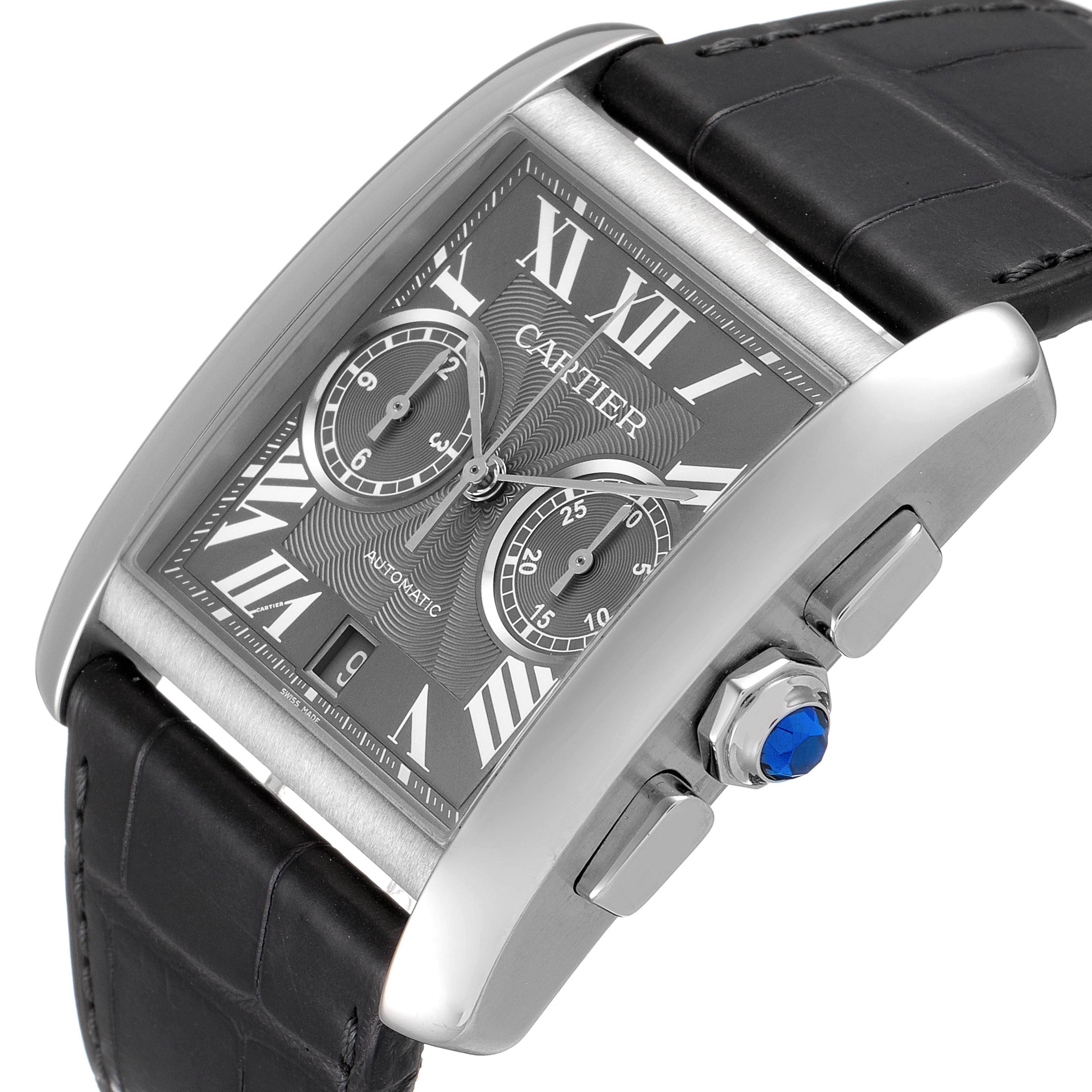 The image shows a Cartier Tank MC W5330008 Men's Stainless Steel Grey Dial W5330008 Men's Stainless Steel Grey Dial watch at an angled top view, highlighting its dials and leather strap.