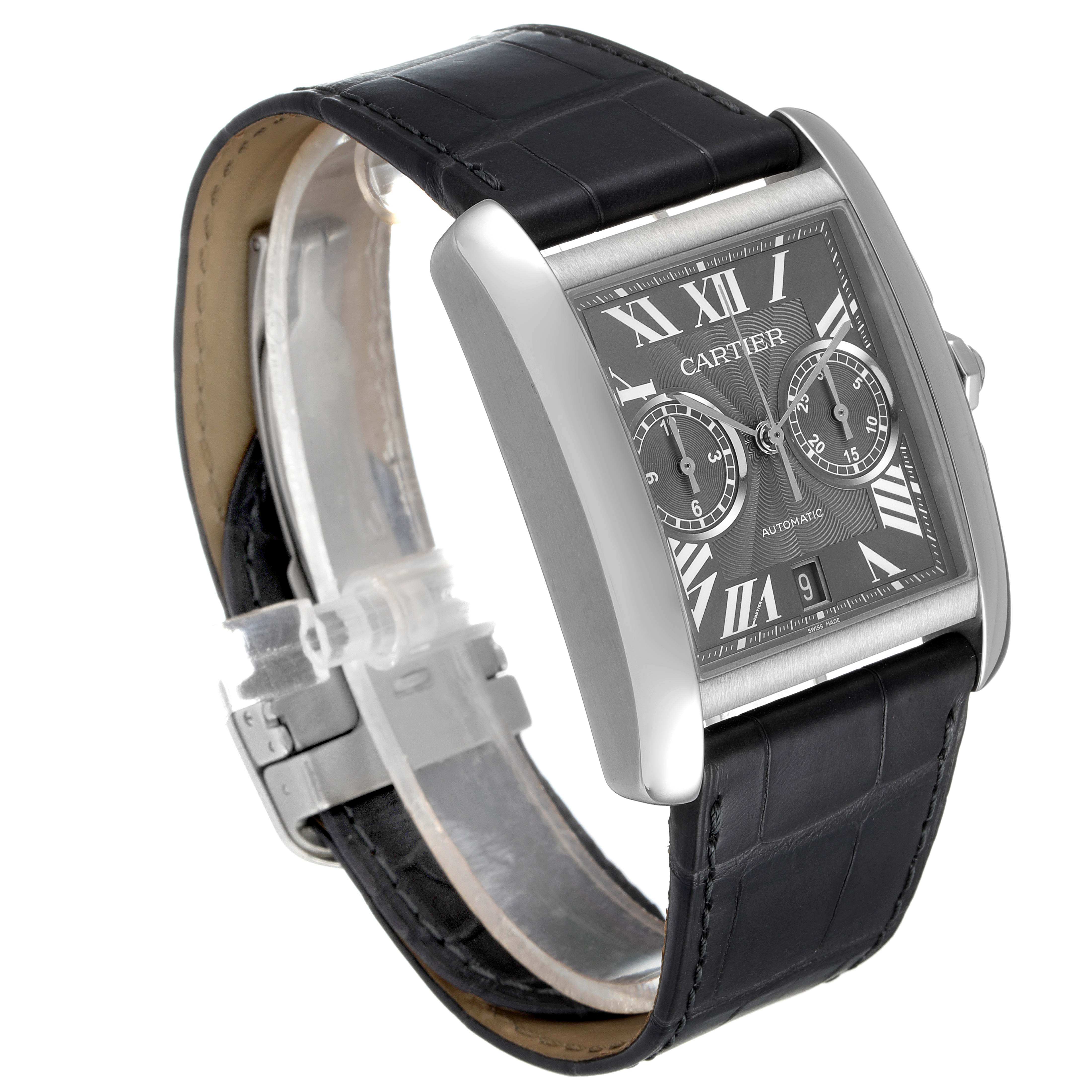 This Cartier Tank MC W5330008 Men's Stainless Steel Grey Dial W5330008 Men's Stainless Steel Grey Dial watch is shown at a three-quarter angle, displaying the face, case, and leather strap.