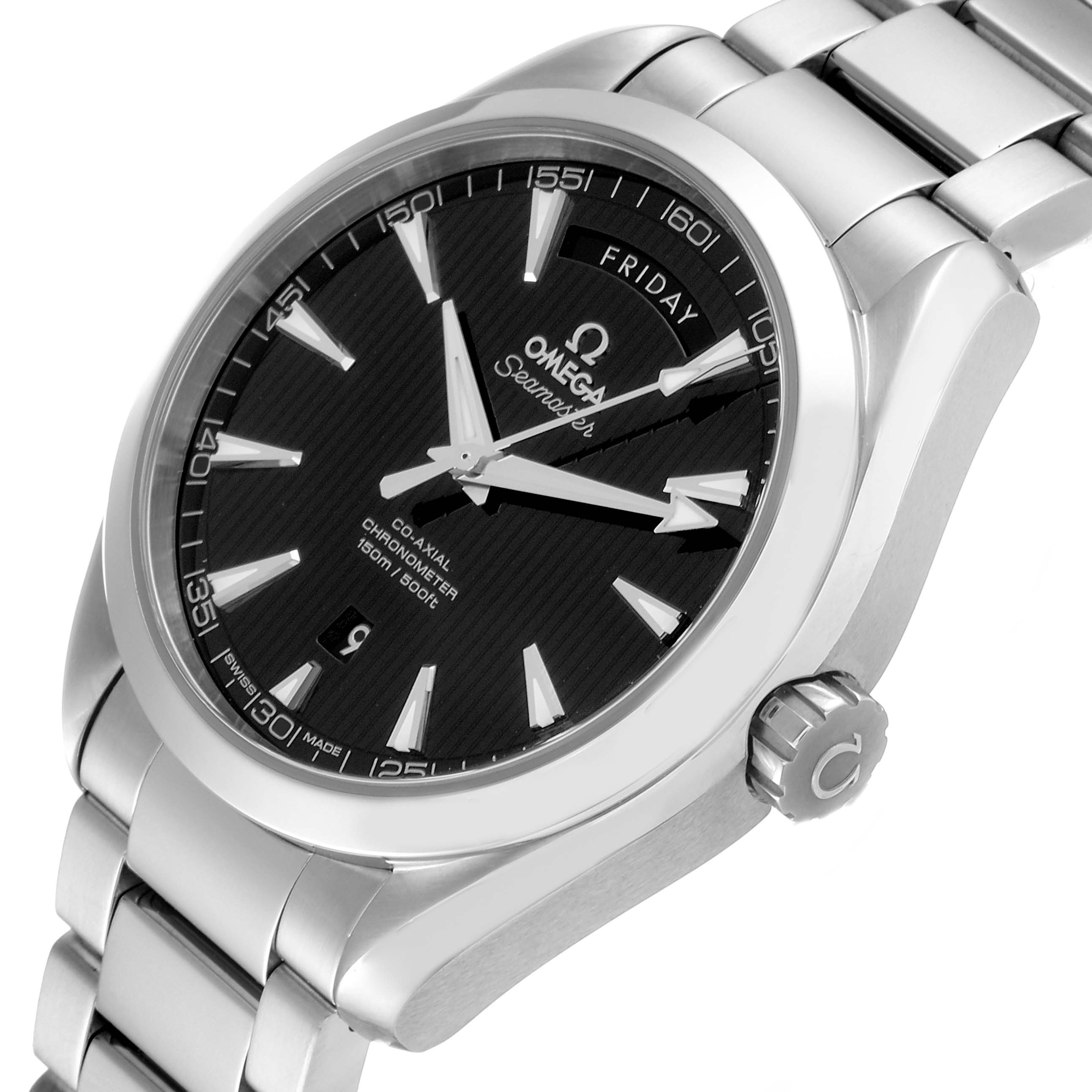 Angled view of the Omega Aqua Terra 231.10.42.22.01.001 Men's Stainless Steel Black Dial 231.10.42.22.01.001 Men's Stainless Steel Black Dial watch showing the face, crown, and part of the stainless steel bracelet.