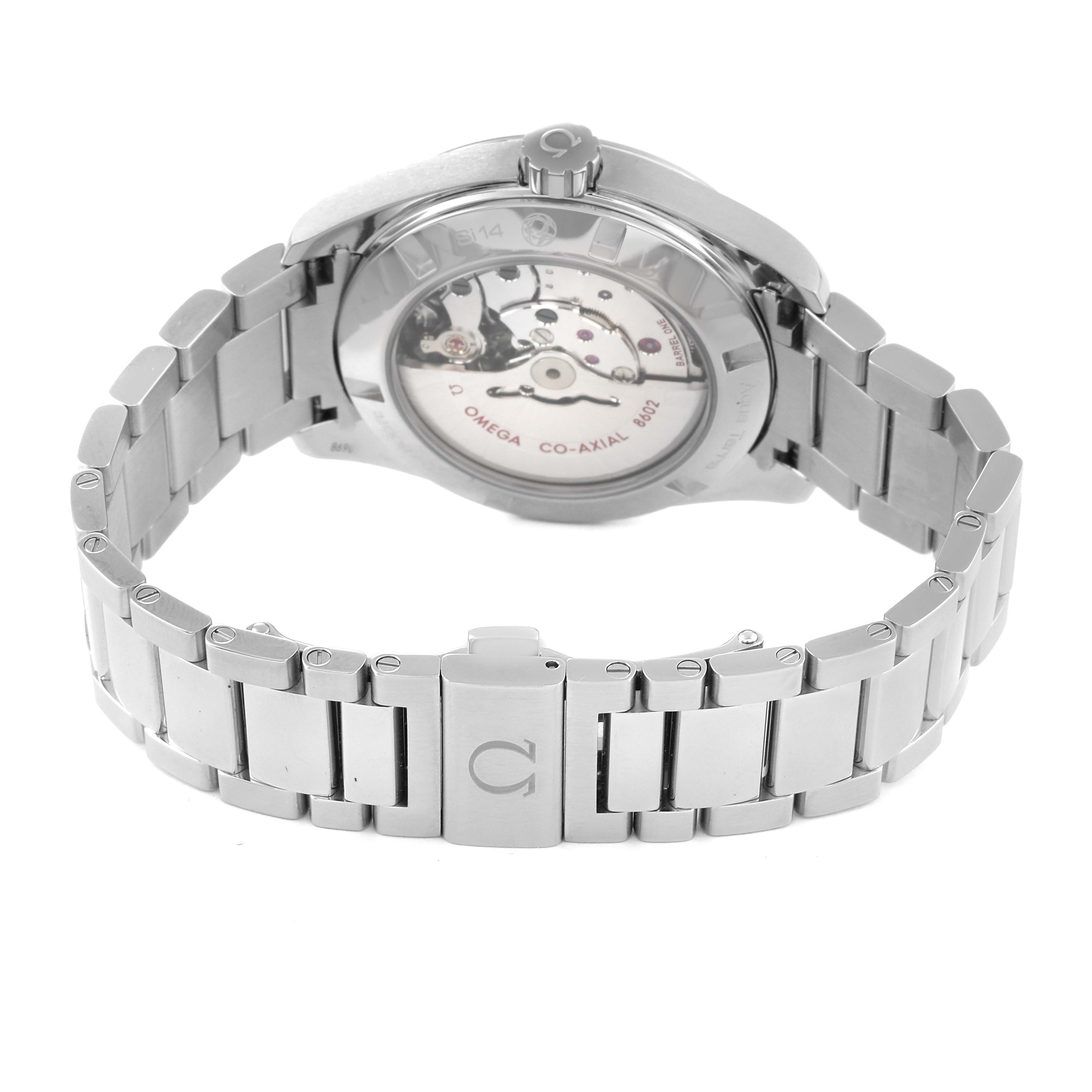 The image shows the back view of the Omega Aqua Terra 231.10.42.22.01.001 Men's Stainless Steel Black Dial 231.10.42.22.01.001 Men's Stainless Steel Black Dial watch, highlighting the bracelet and exposed movement through the case back.