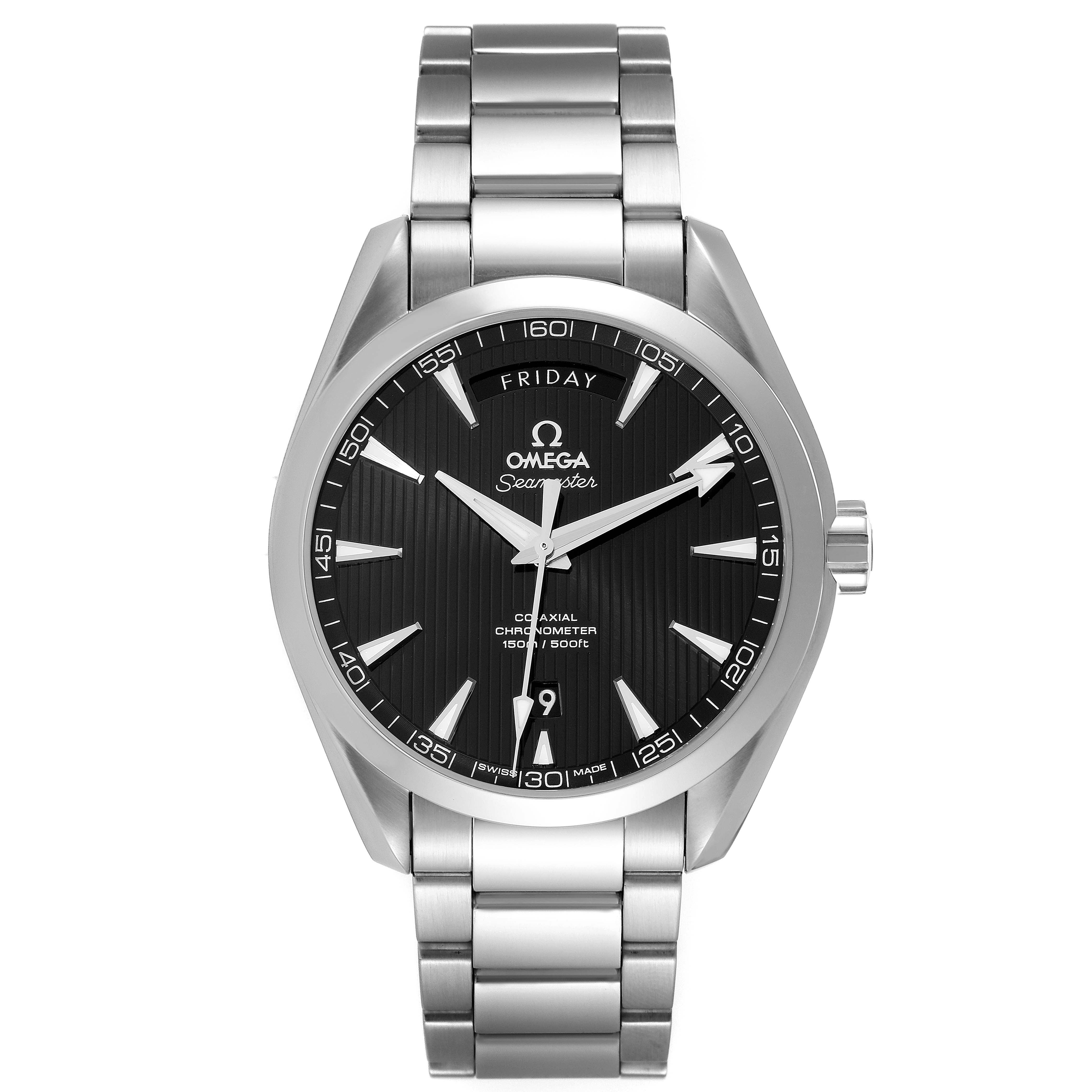 The image shows a front view of the Omega Seamaster Aqua Terra watch, highlighting the dial, hands, case, and bracelet.