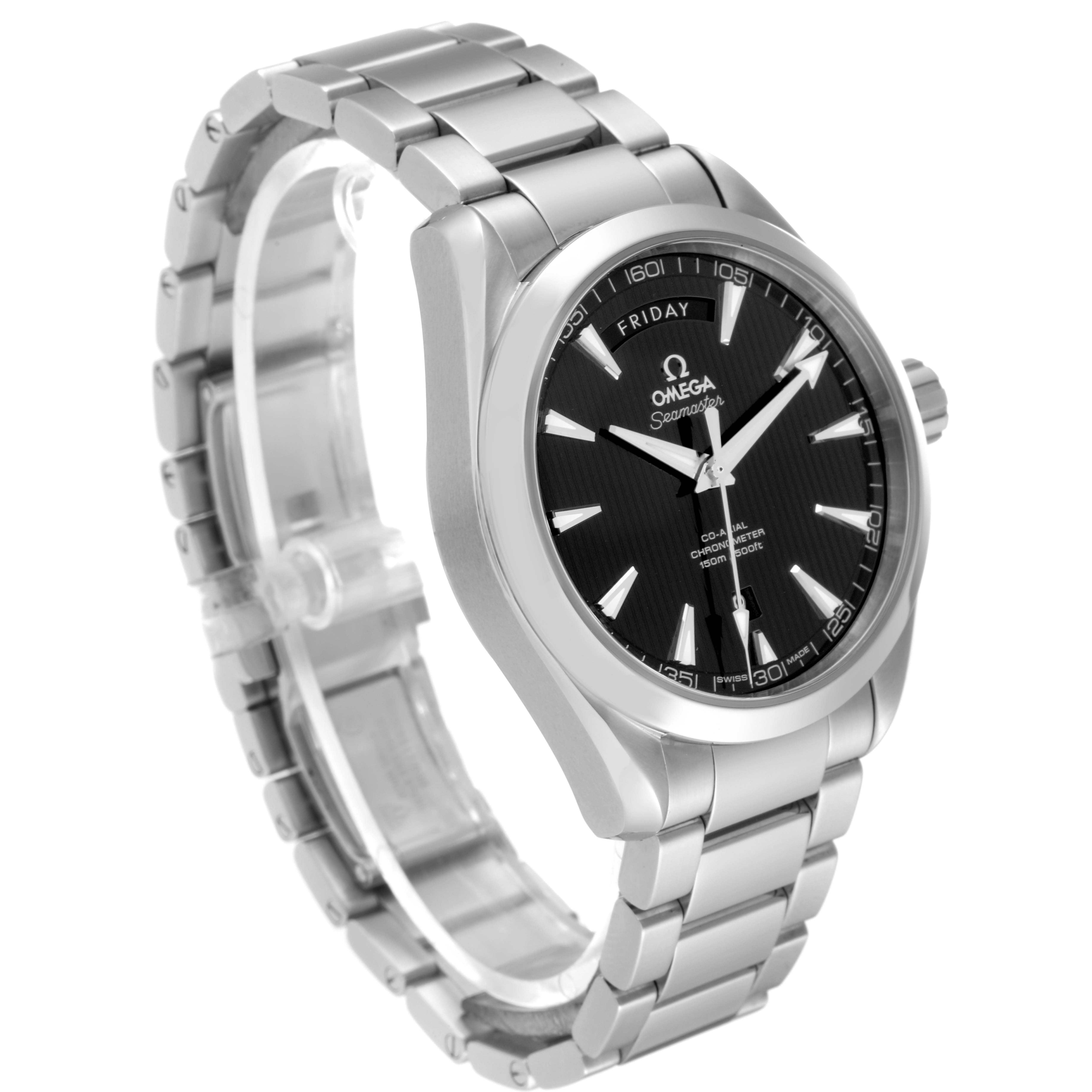 The image shows a side angle of the Omega Aqua Terra 231.10.42.22.01.001 Men's Stainless Steel Black Dial 231.10.42.22.01.001 Men's Stainless Steel Black Dial watch, highlighting the dial, bracelet, and crown.