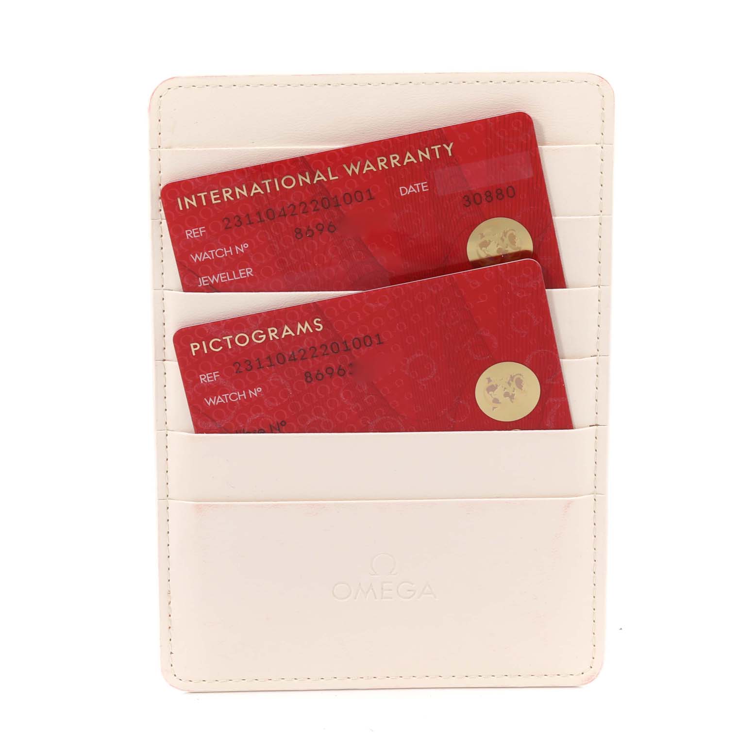 This image shows the International Warranty and Pictograms cards for the Omega Aqua Terra 231.10.42.22.01.001 Men's Stainless Steel Black Dial 231.10.42.22.01.001 Men's Stainless Steel Black Dial model in a white cardholder.