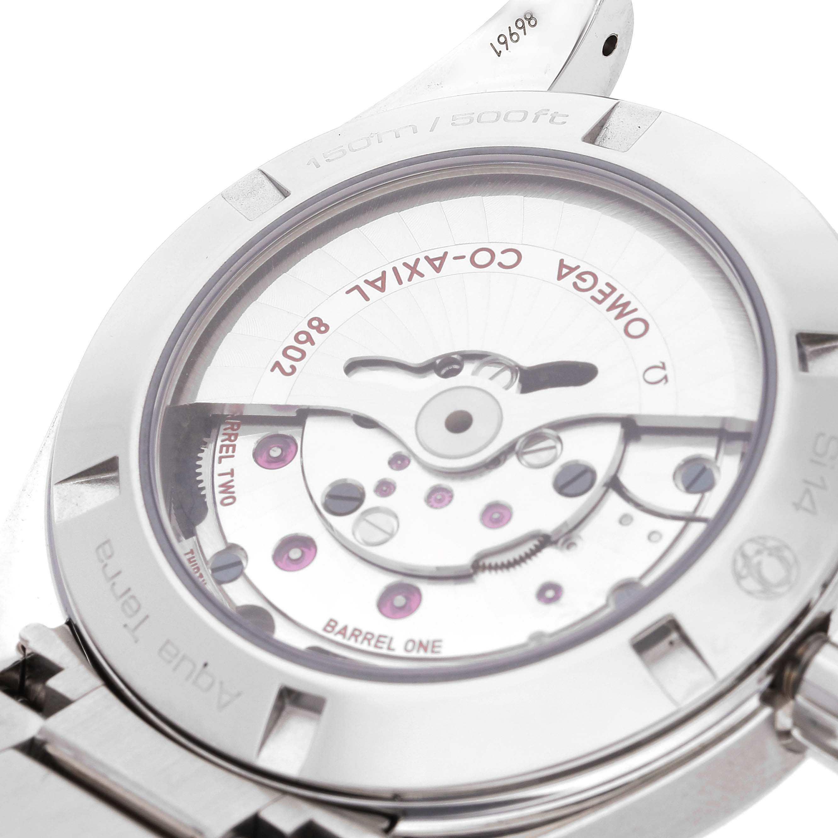 The image shows the movement and back case of the Omega Aqua Terra 231.10.42.22.01.001 Men's Stainless Steel Black Dial 231.10.42.22.01.001 Men's Stainless Steel Black Dial watch from a close-up angle.